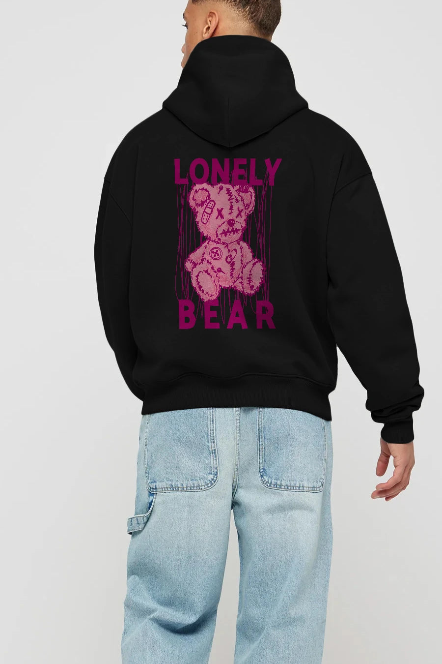 Lonely Bear Arka Baskılı Hoodie Oversize Kapüşonlu Sweatshirt Erkek Kadın Unisex