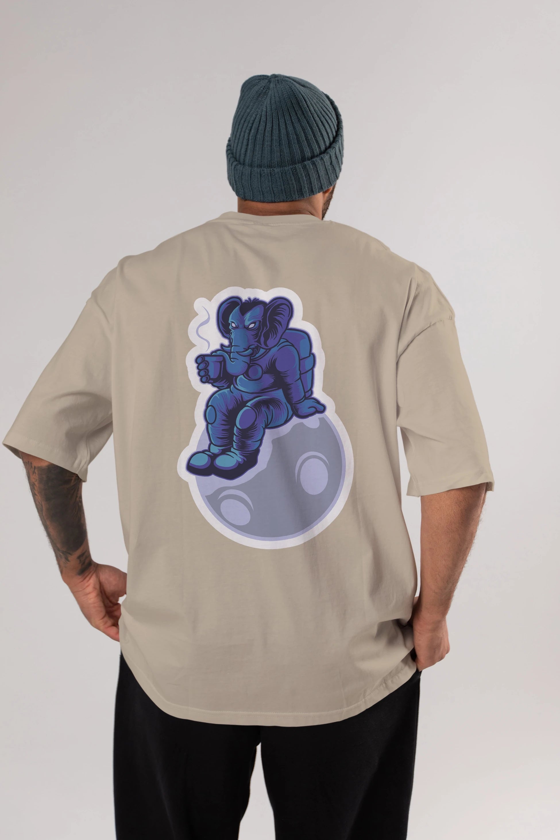 Space Elephant Drink Coffee Sticker Arka Baskılı Oversize t-shirt Erkek Kadın Unisex