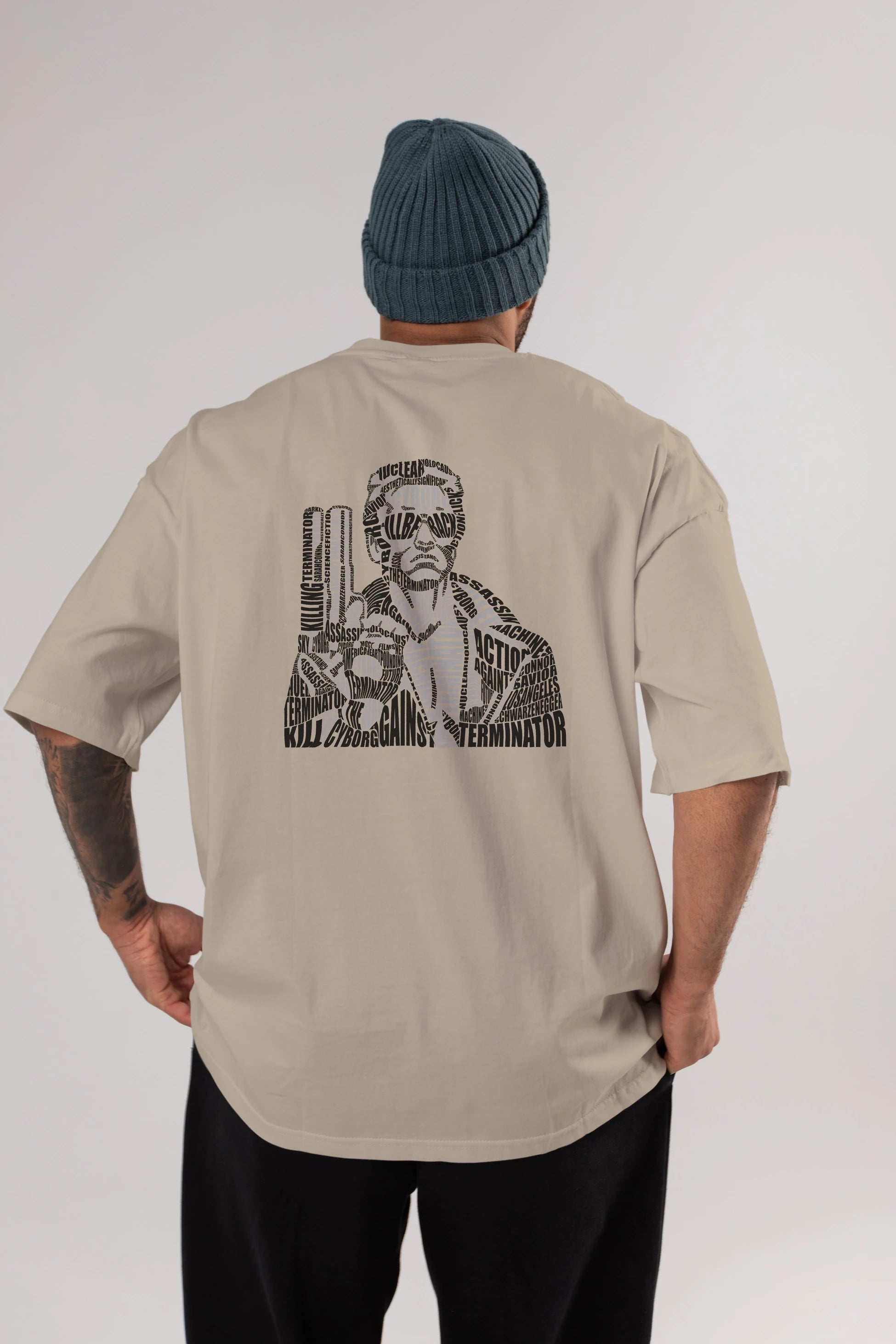 Terminator Calligram Arka Baskılı Oversize t-shirt %100 pamuk Erkek Kadın Unisex