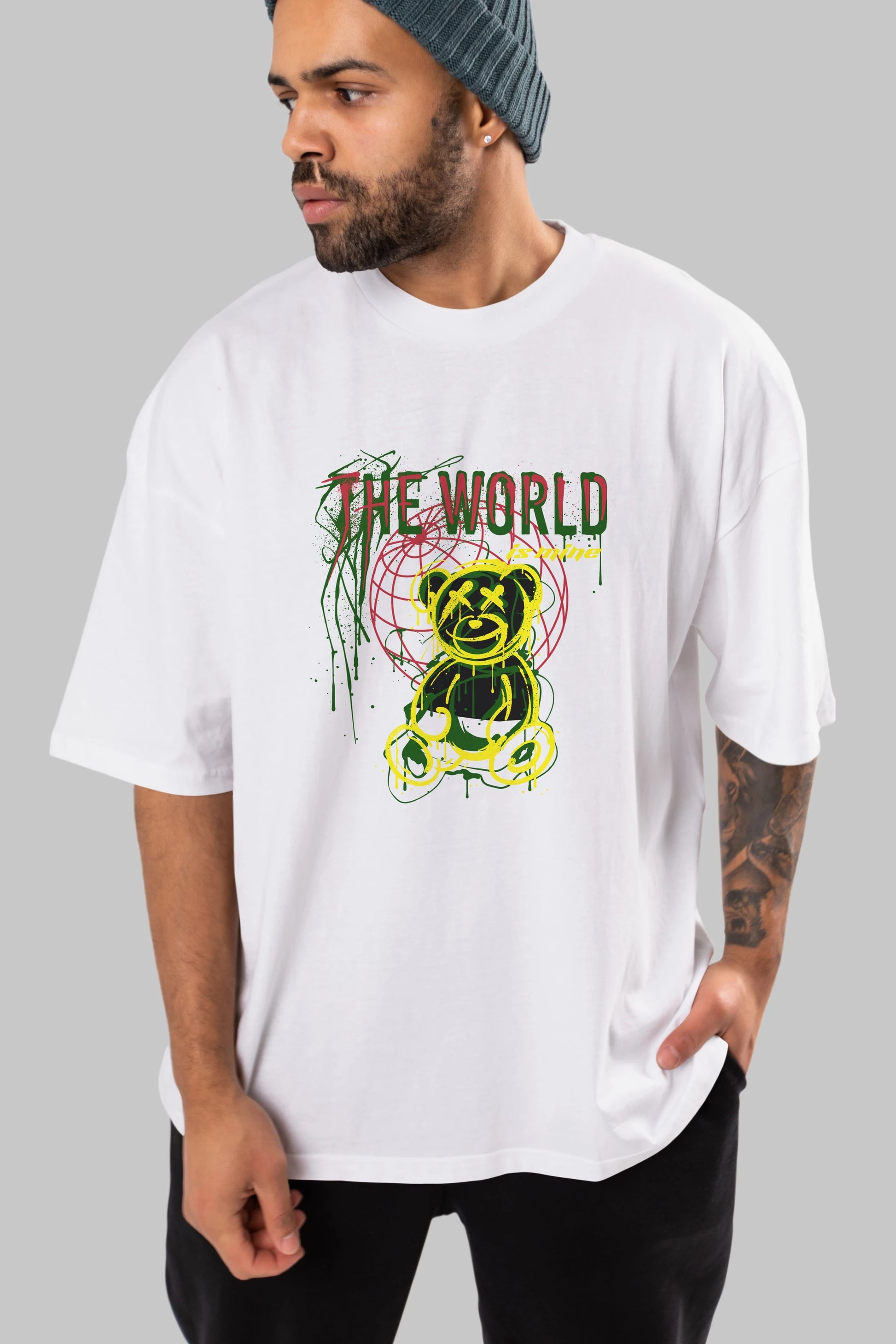 The World is Mine Bear Ön Baskılı Oversize t-shirt Erkek Kadın Unisex