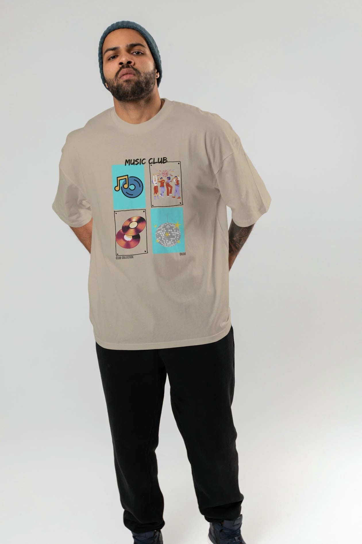 Music Club ön Baskılı Oversize t-shirt Erkek Kadın %100 Pamuk Bisiklet Yaka tişort