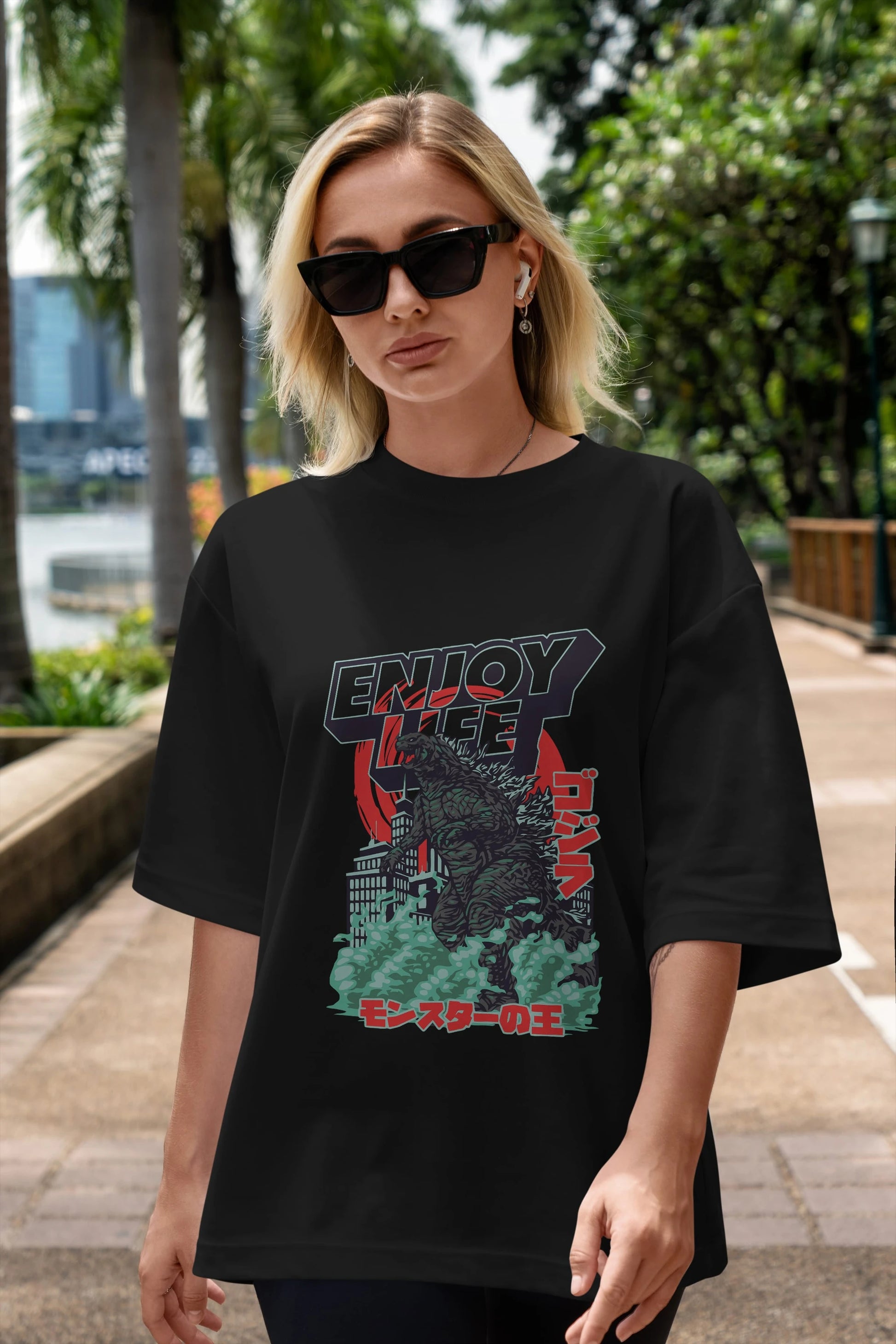 Godzilla Ön Baskılı Oversize t-shirt Erkek Kadın Unisex %100 Pamuk Bisiklet Yaka tişort