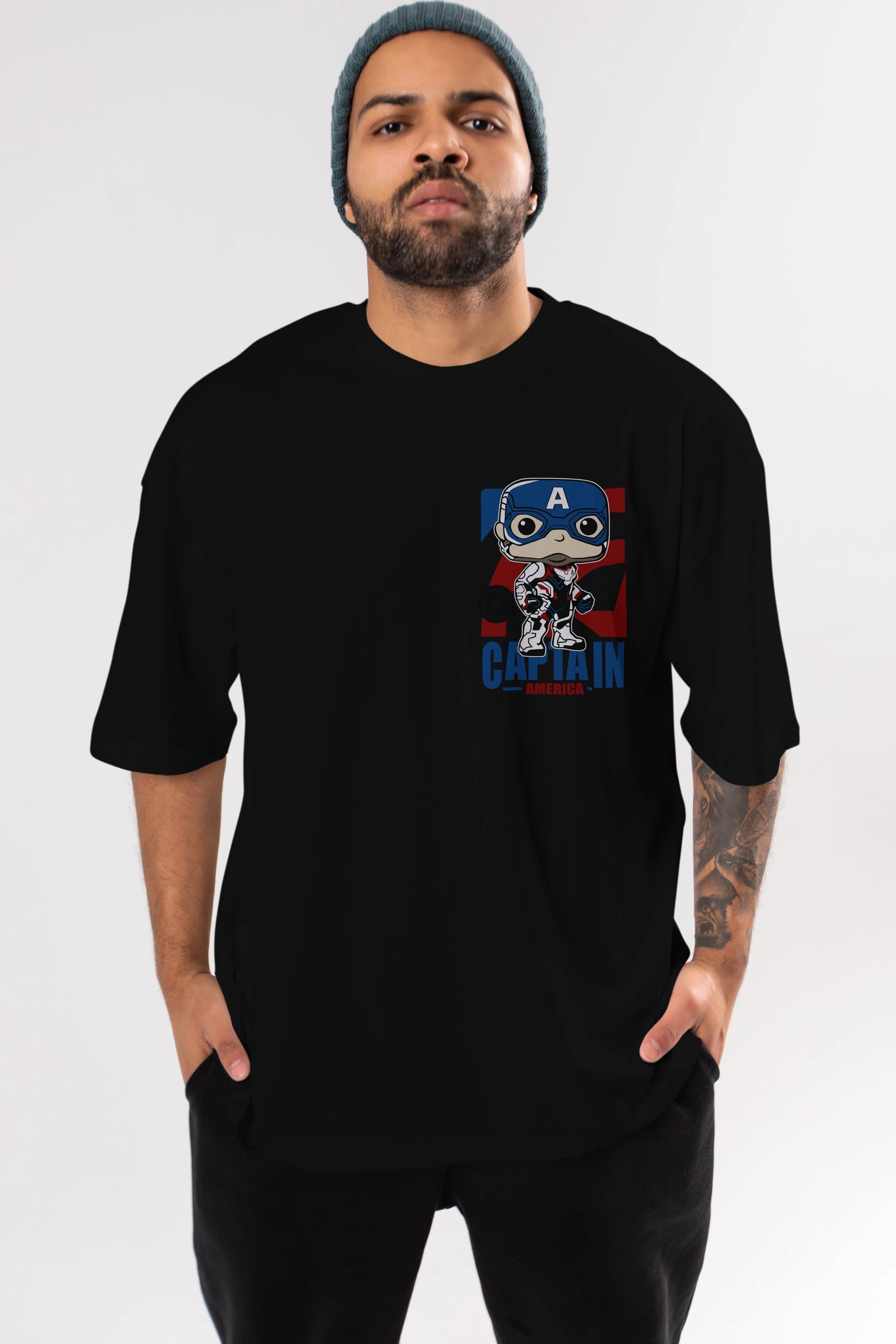 Captain America Ön Sol Baskılı Oversize t-shirt Erkek Kadın Unisex %100 Pamuk Bisiklet Yaka tişort