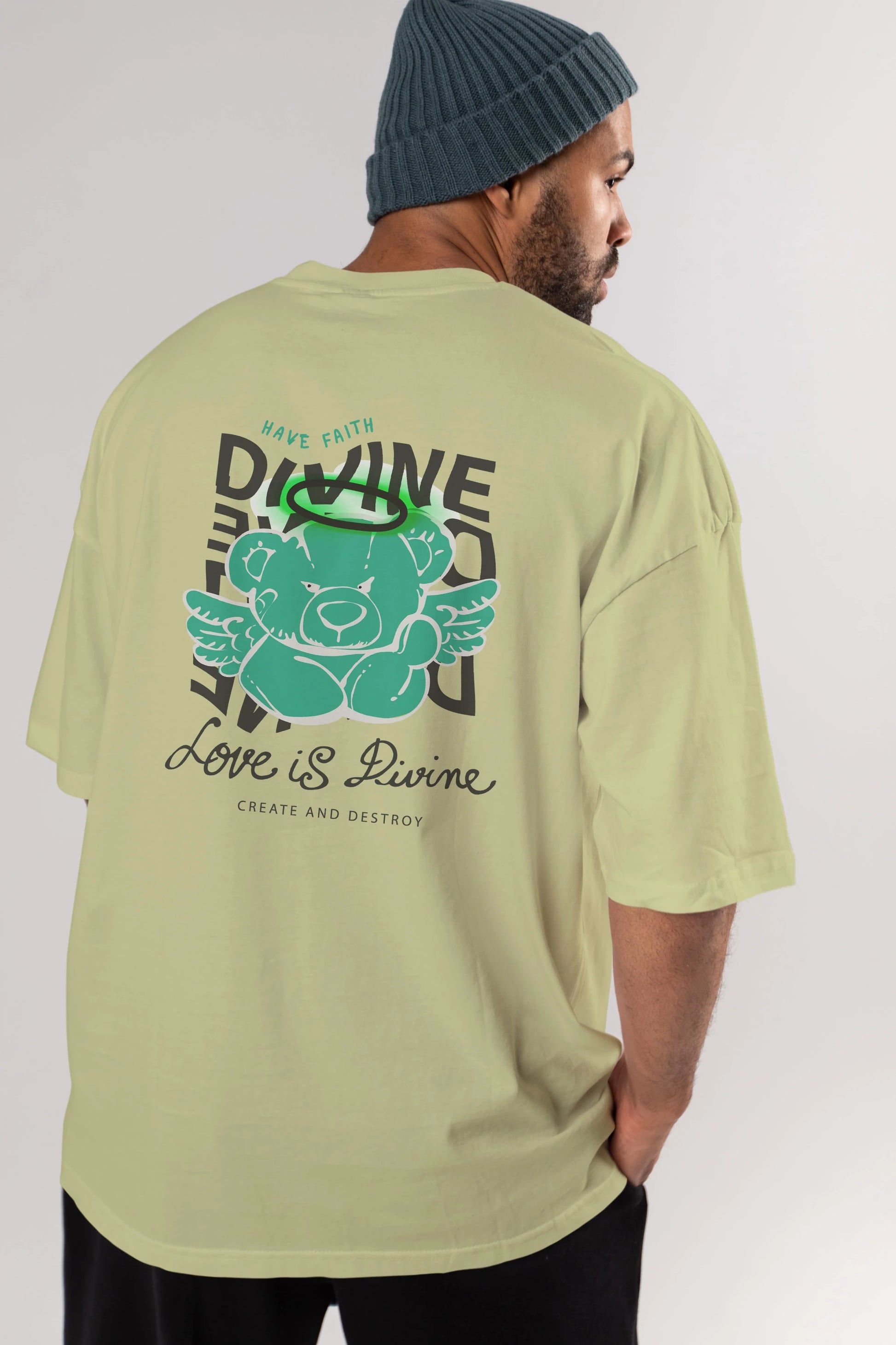 Love is Divine Bear Arka Baskılı Oversize t-shirt Erkek Kadın Unisex