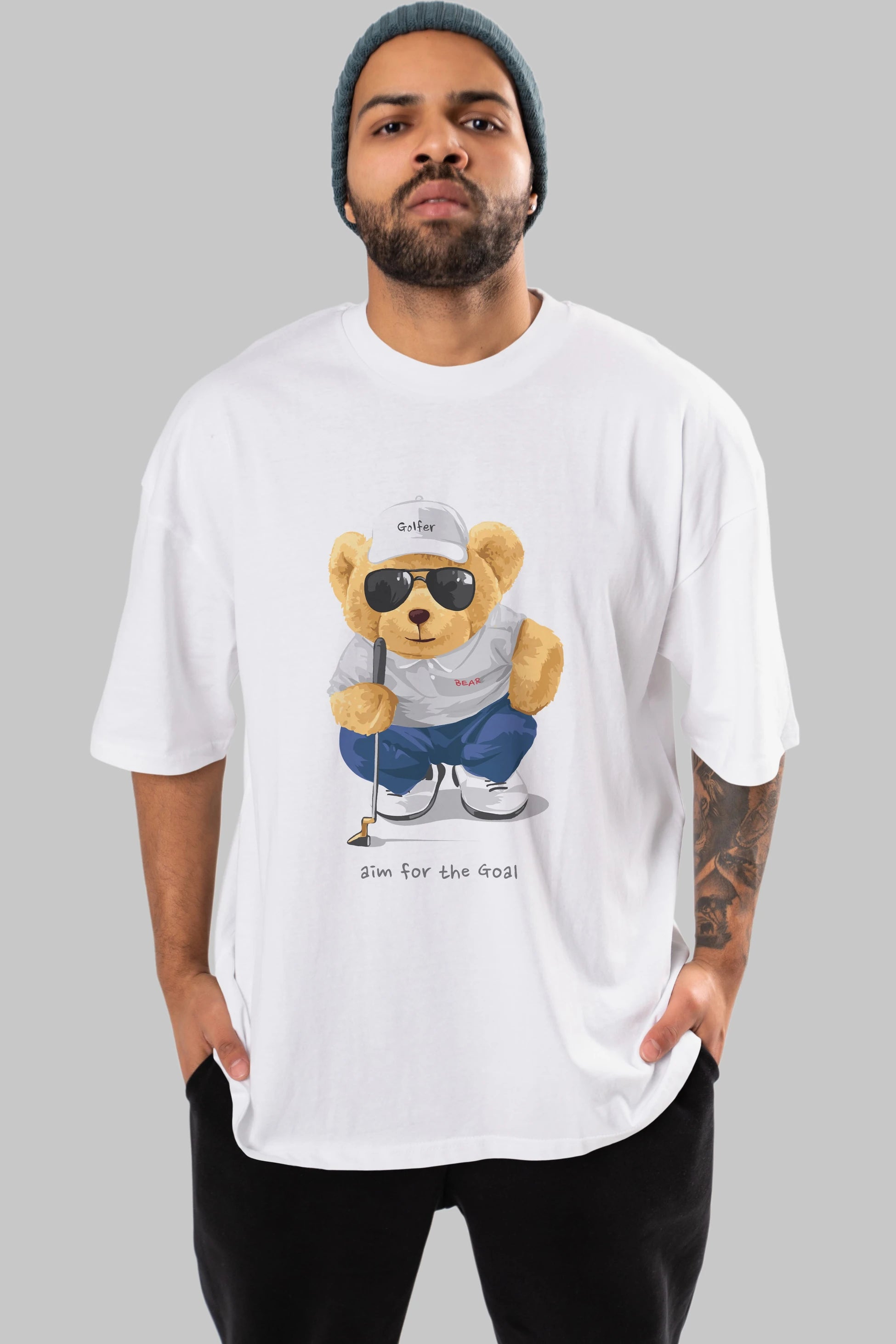Teddy Bear Golfer Ön Baskılı Oversize t-shirt Erkek Kadın Unisex %100 Pamuk