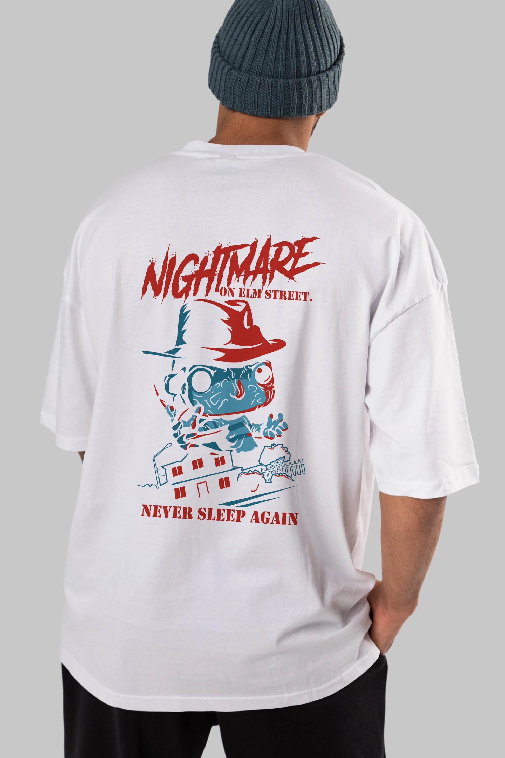 Nightmare Elm Sokağı Arka Baskılı Oversize t-shirt Erkek Kadın Unisex %100 Pamuk Bisiklet Yaka tişort