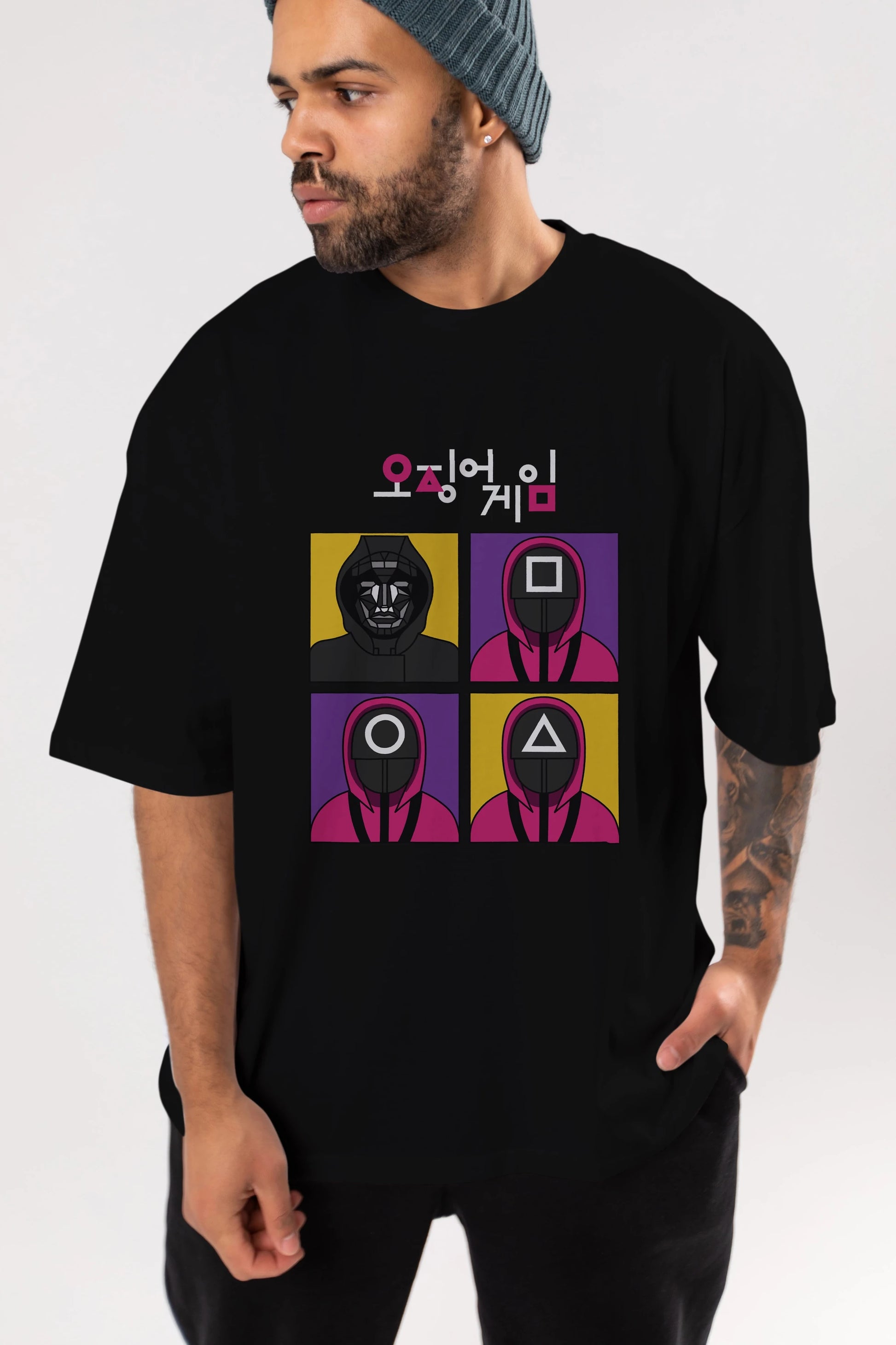 Squid Game (1) Ön Baskılı Oversize t-shirt Erkek Kadın Unisex %100 Pamuk Bisiklet Yaka tişort