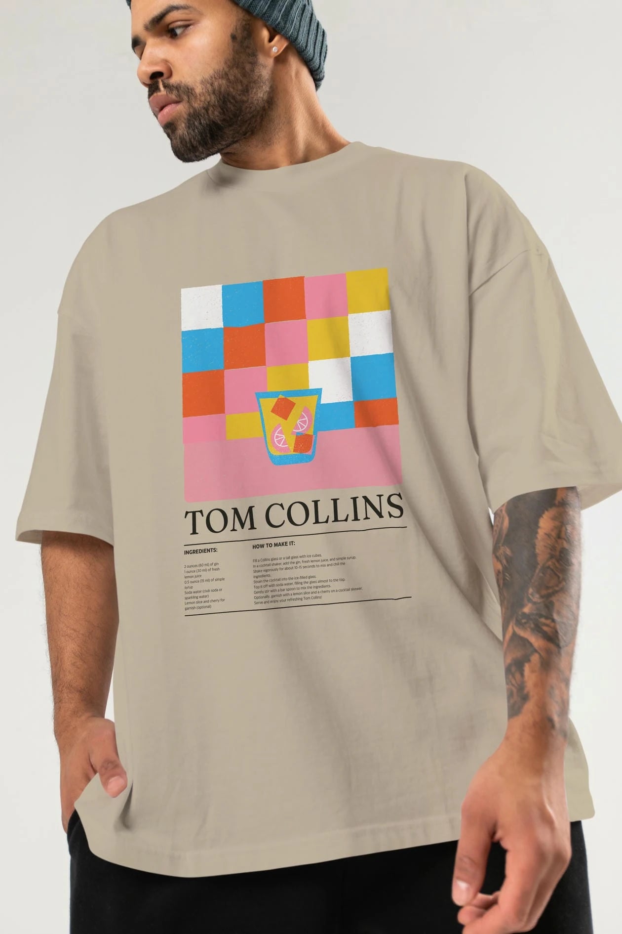 Tom Collins Kokteyl Ön Baskılı Oversize t-shirt Erkek Kadın %100 Pamuk Bisiklet Yaka tişort