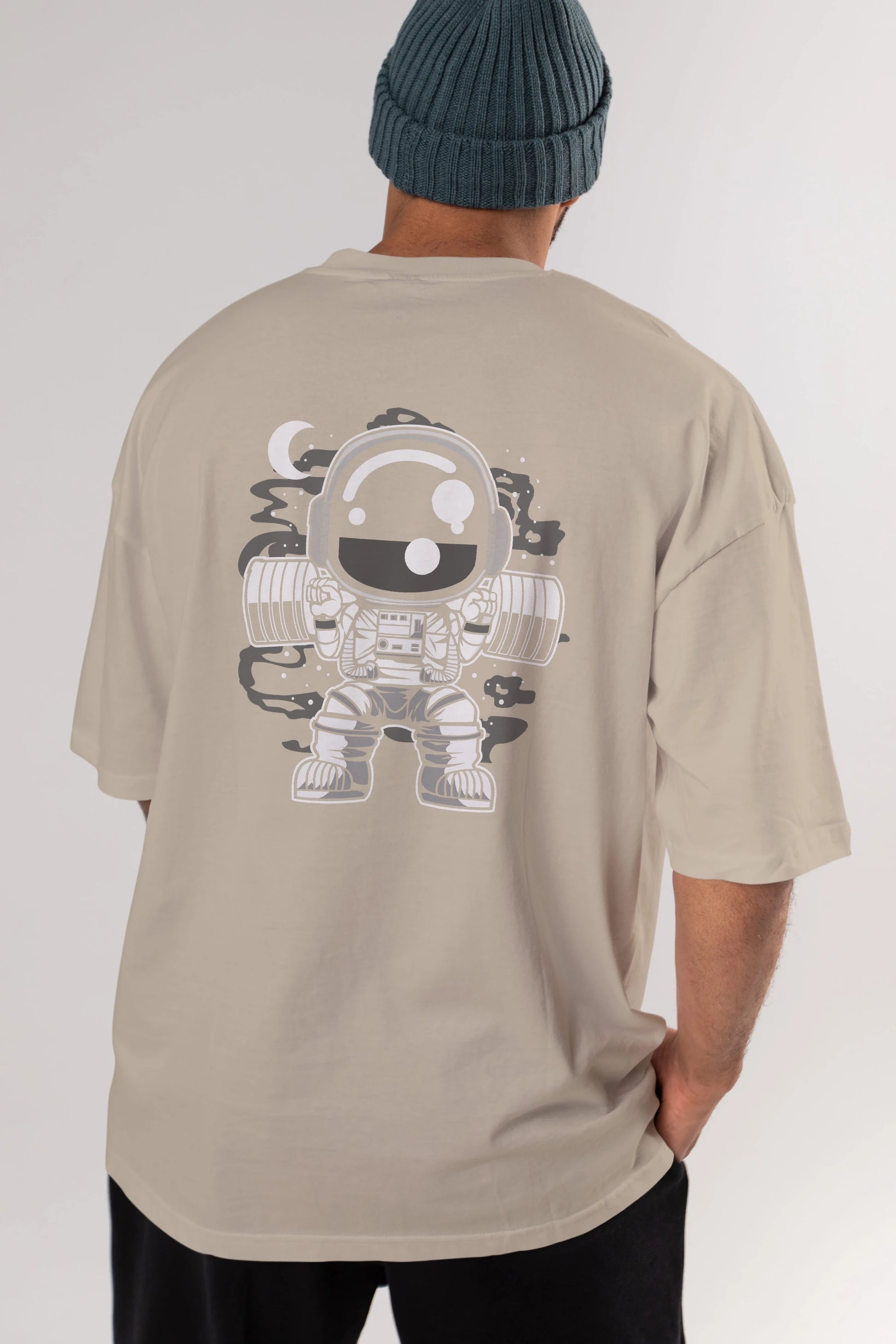 Astronaut Barbell Body Builder Arka Baskılı Oversize t-shirt Erkek Kadın Unisex