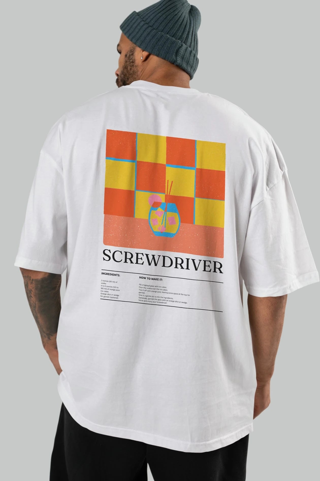 Screwdriver Kokteyl Serisi Arka Baskılı Oversize t-shirt Erkek Kadın %100 Pamuk Bisiklet Yaka tişort