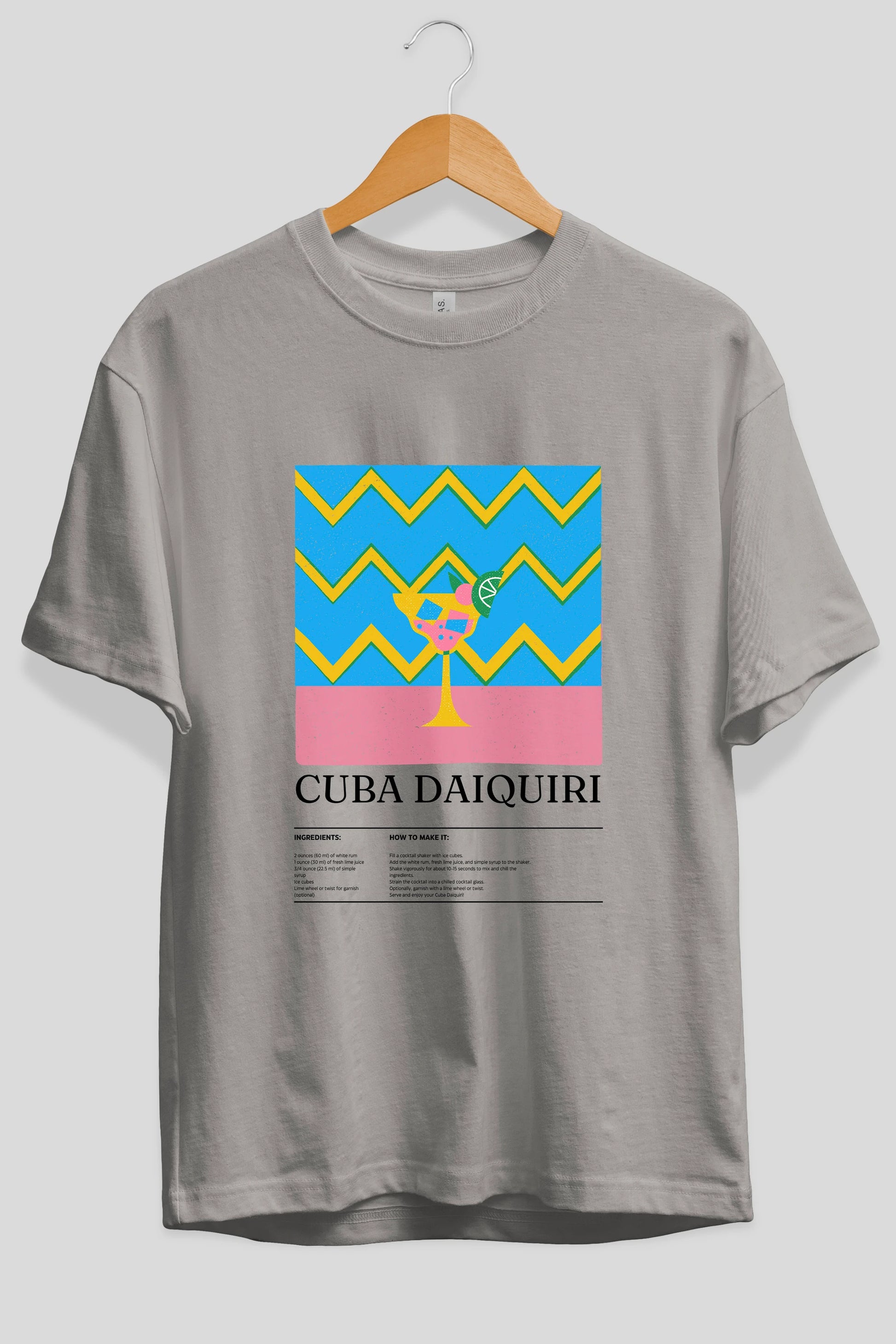 Cuba Daiquiri Kokteyl Ön Baskılı Oversize t-shirt Erkek Kadın %100 Pamuk Bisiklet Yaka tişort