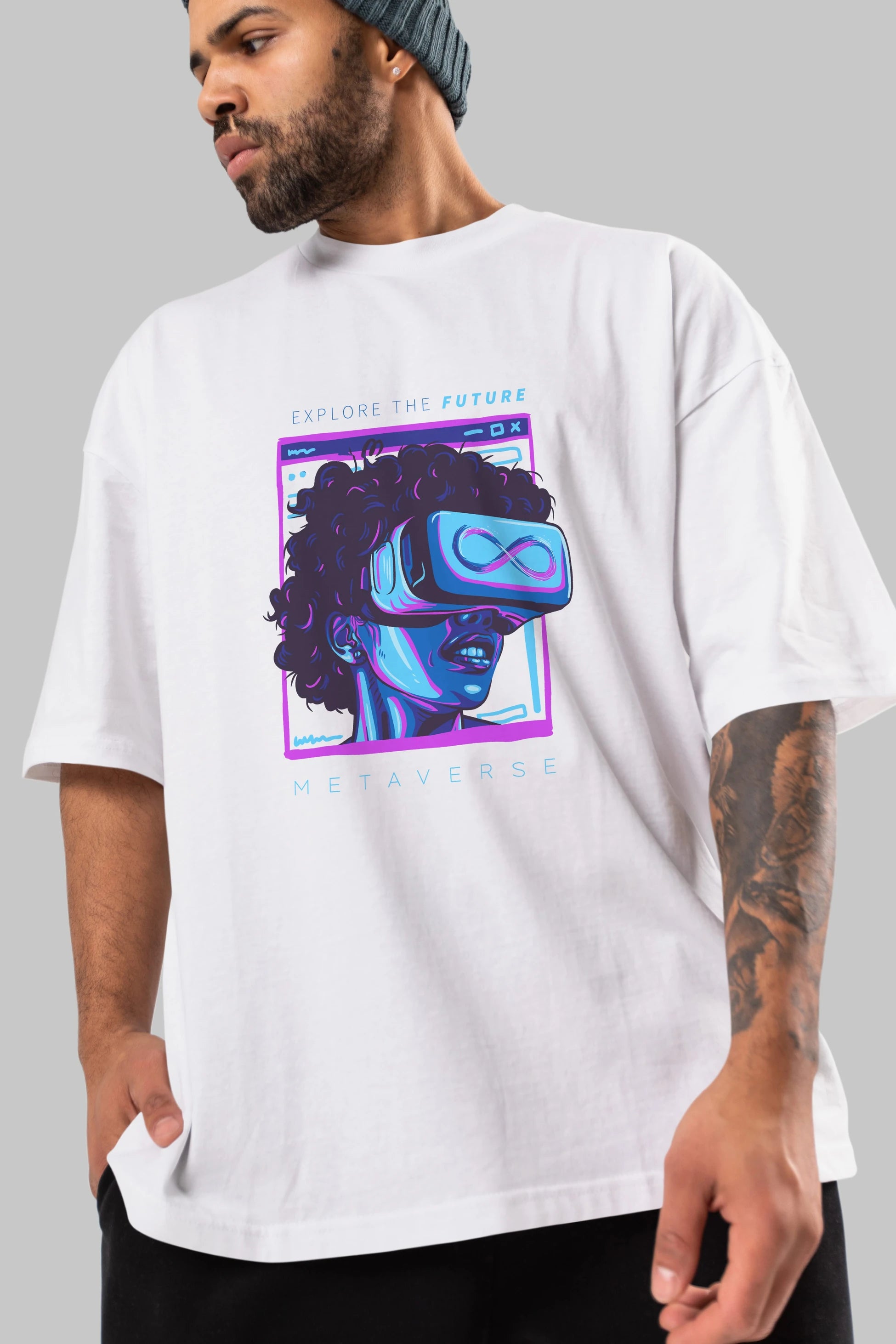 Metaverse Ön Baskılı Oversize t-shirt Erkek Kadın Unisex