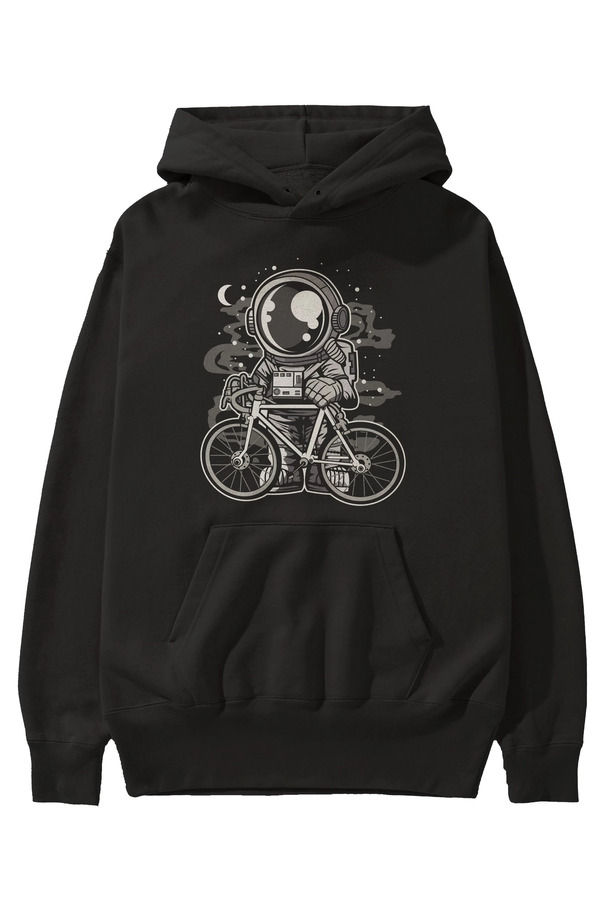Bicycle Astronaut Ön Baskılı Hoodie Oversize Kapüşonlu Sweatshirt Erkek Kadın Unisex