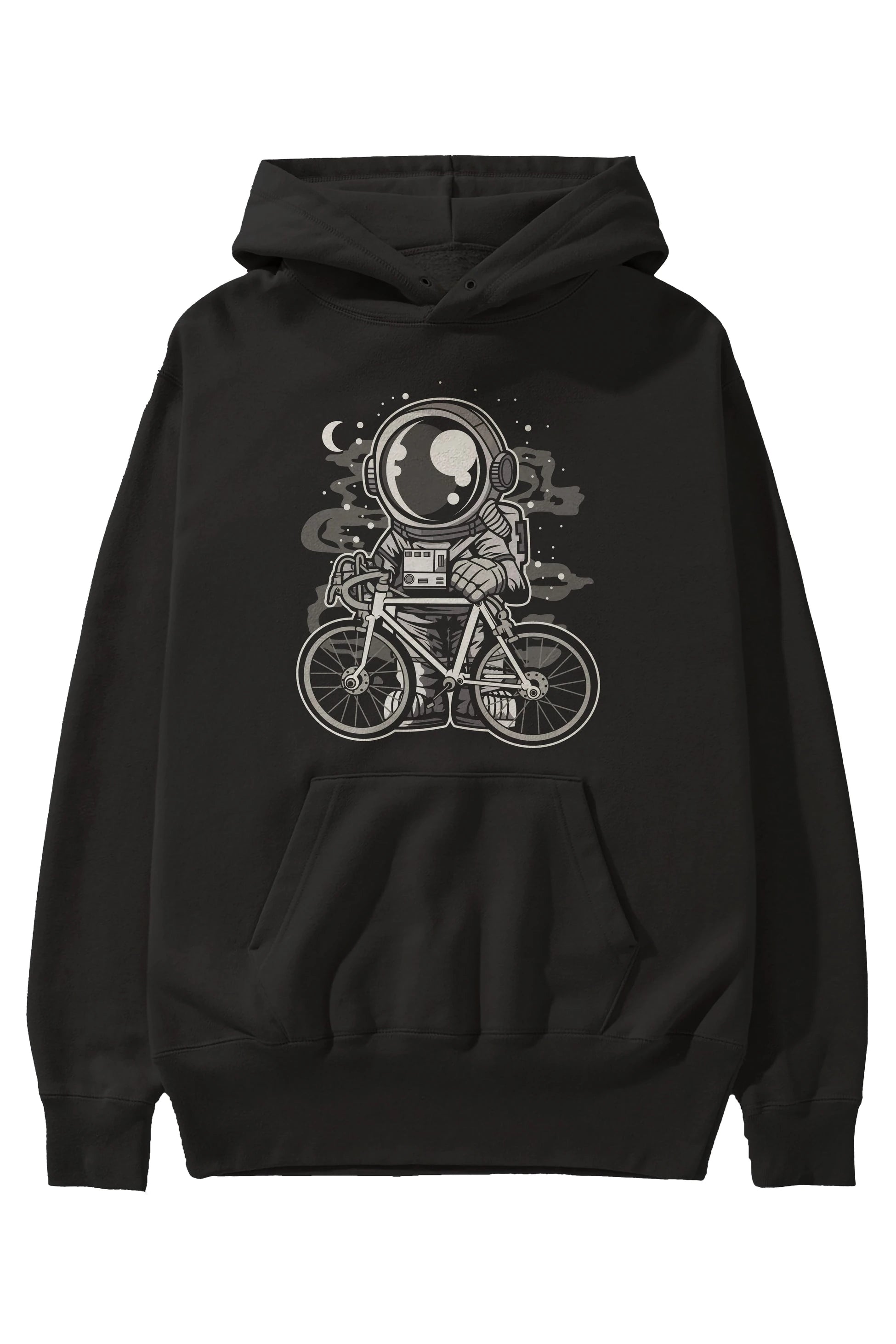 Bicycle Astronaut Ön Baskılı Hoodie Oversize Kapüşonlu Sweatshirt Erkek Kadın Unisex