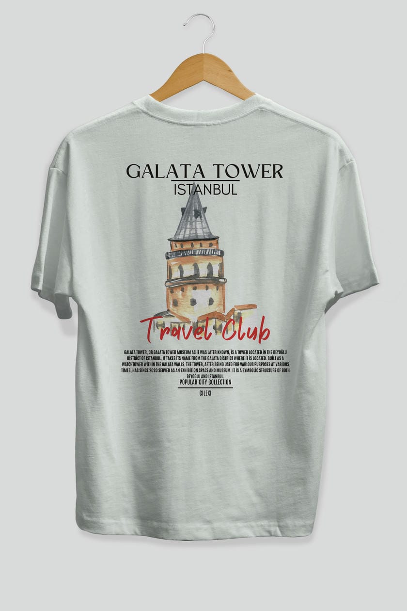Galata Tower İstanbul Arka Baskılı Oversize t-shirt Erkek Kadın Pamuk Bisiklet Yaka tişort