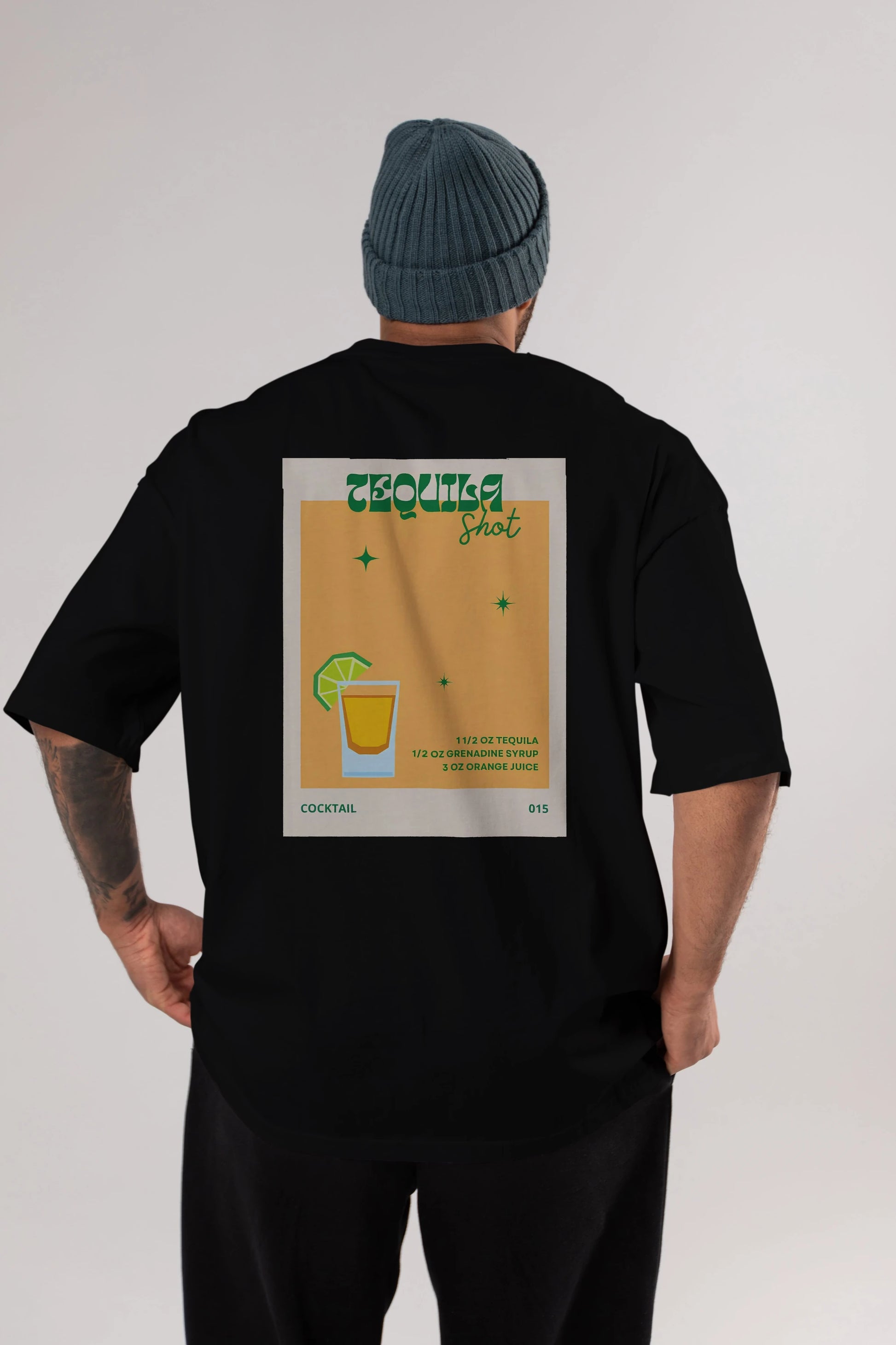 Tequila Shot 2 Arka Baskılı Oversize t-shirt Erkek Kadın Unisex %100 Pamuk Bisiklet Yaka tişort