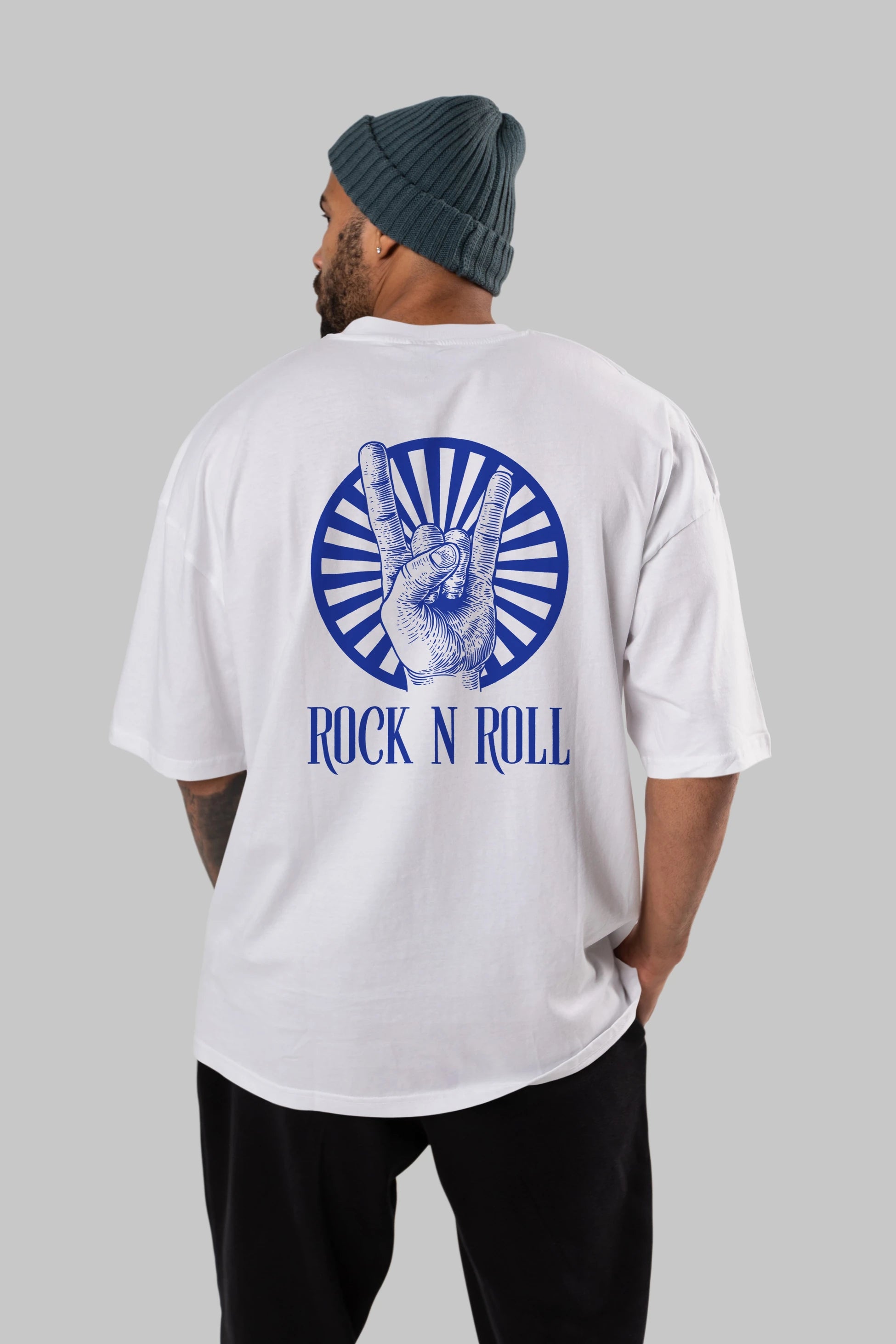 Rock N Roll Yazılı Arka Baskılı Oversize t-shirt Erkek Kadın Unisex