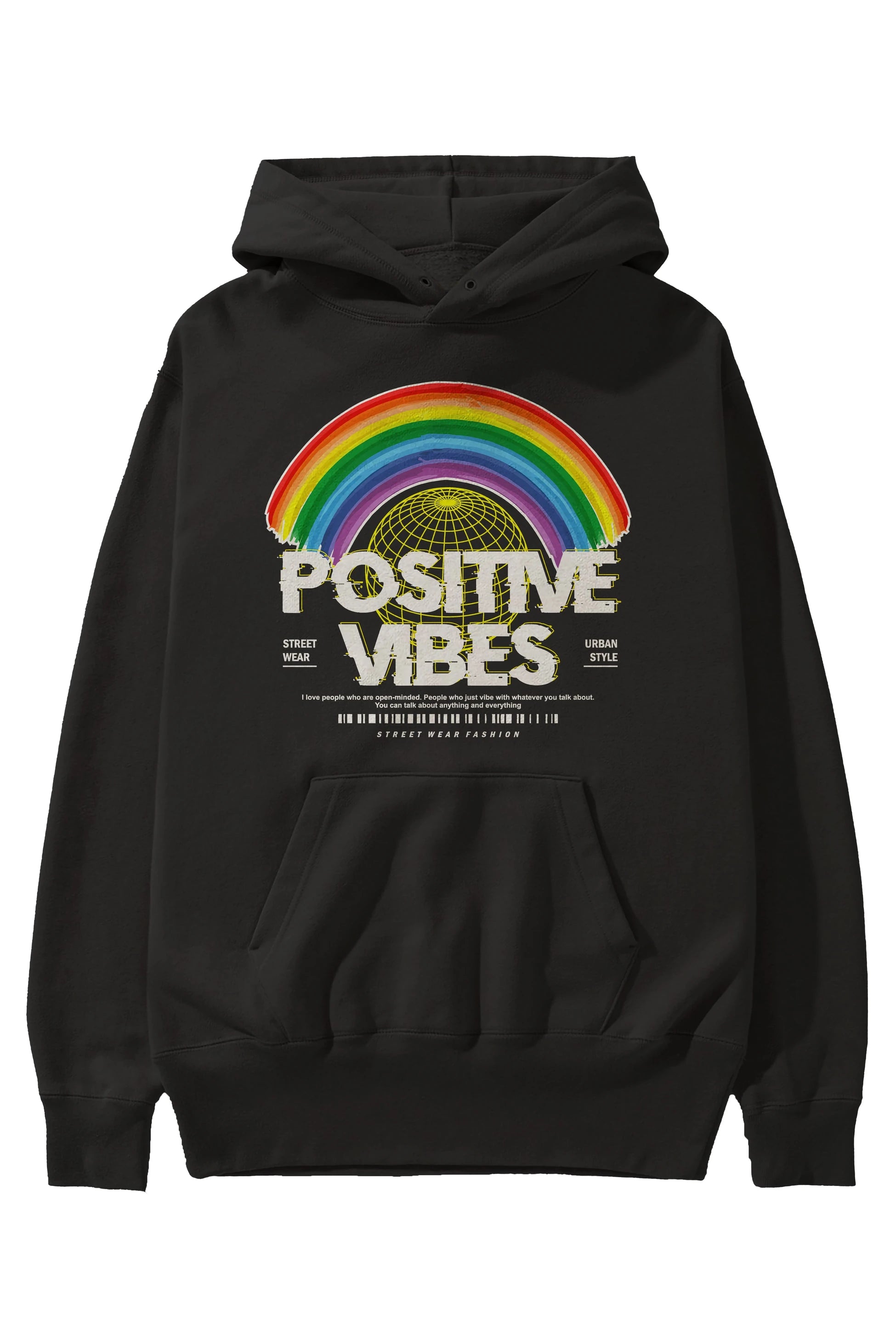 Positive Vibes Ön Baskılı Hoodie Oversize Kapüşonlu Sweatshirt Erkek Kadın Unisex