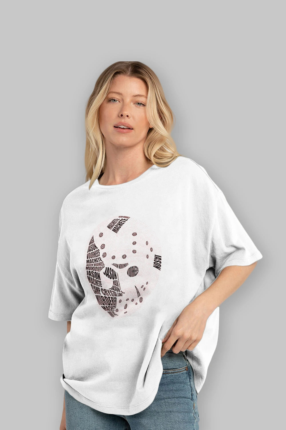 Jason Voorhees Calligram Ön Baskılı Oversize t-shirt %100 pamuk Erkek Kadın Unisex