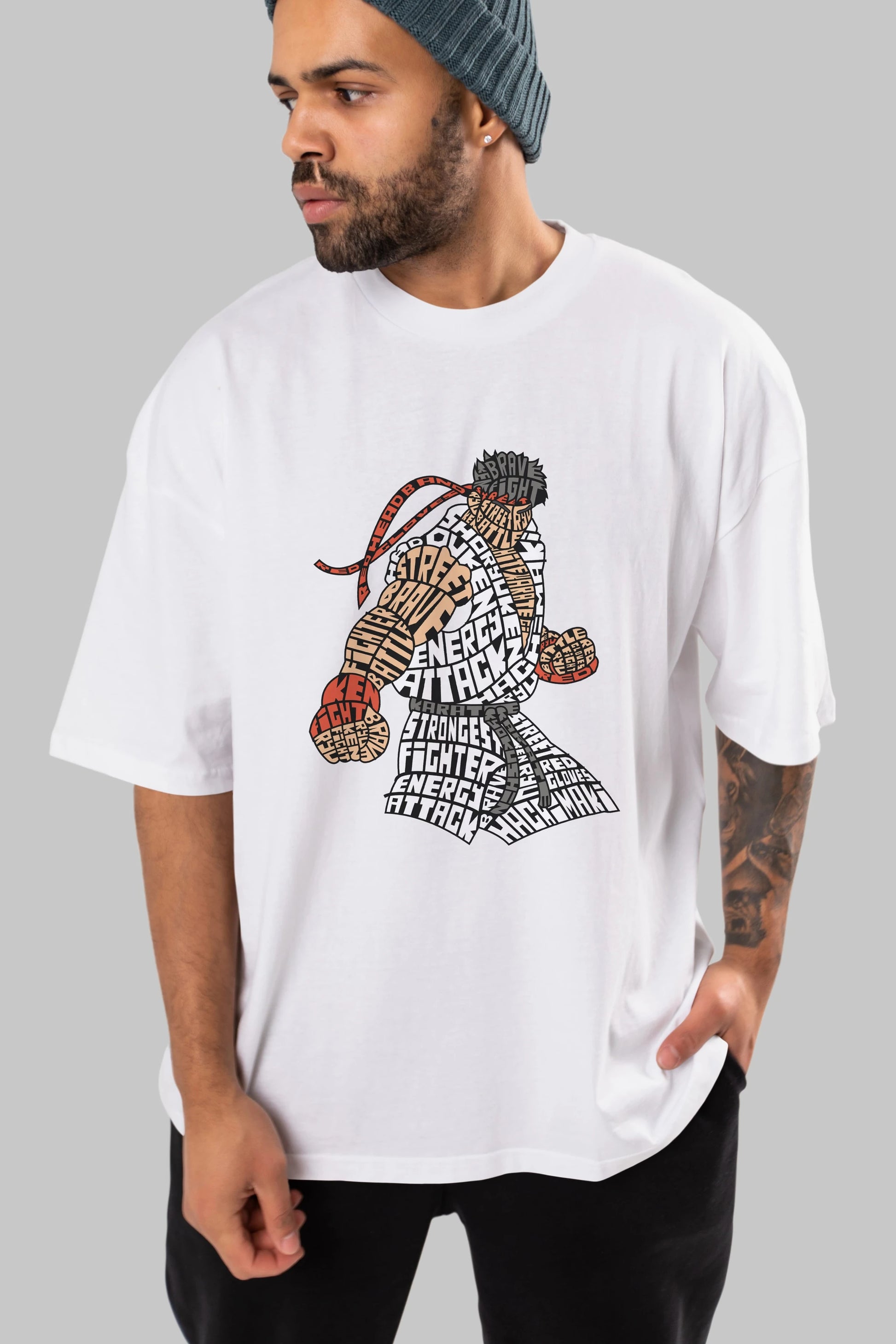 Hadouken Ön Baskılı Oversize t-shirt %100 pamuk Erkek Kadın Unisex