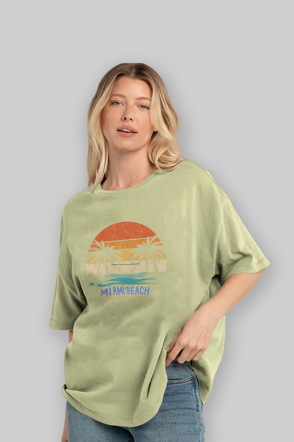 Miami Beach Yazılı Ön Baskılı Oversize t-shirt Erkek Kadın Unisex