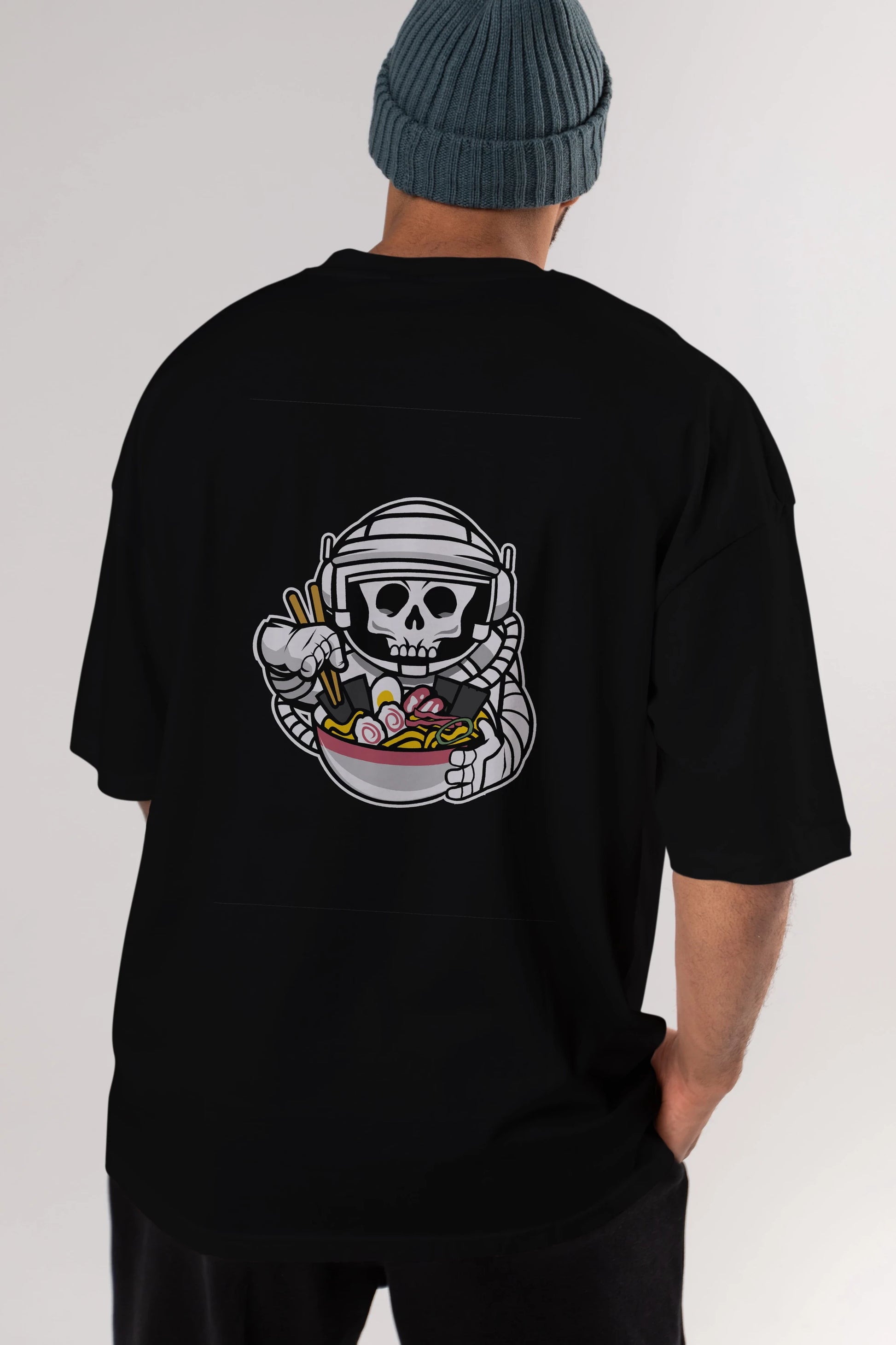 Astronaut Ramen Arka Baskılı Oversize t-shirt Erkek Kadın Unisex %100 Pamuk tişort
