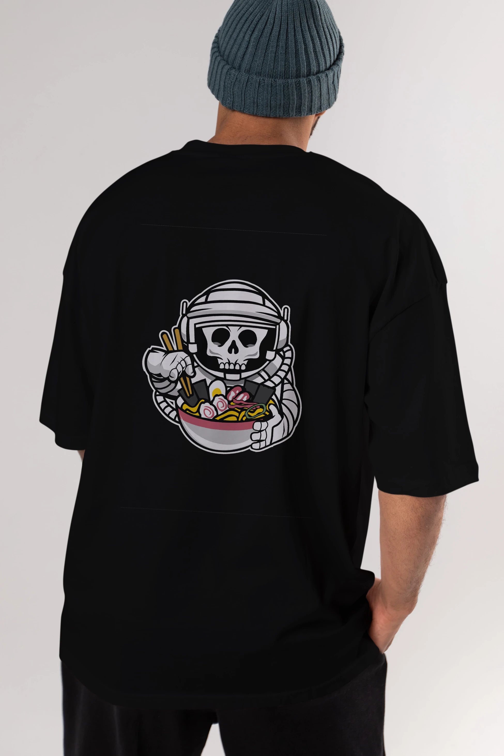 Astronaut Ramen Arka Baskılı Oversize t-shirt Erkek Kadın Unisex %100 Pamuk tişort