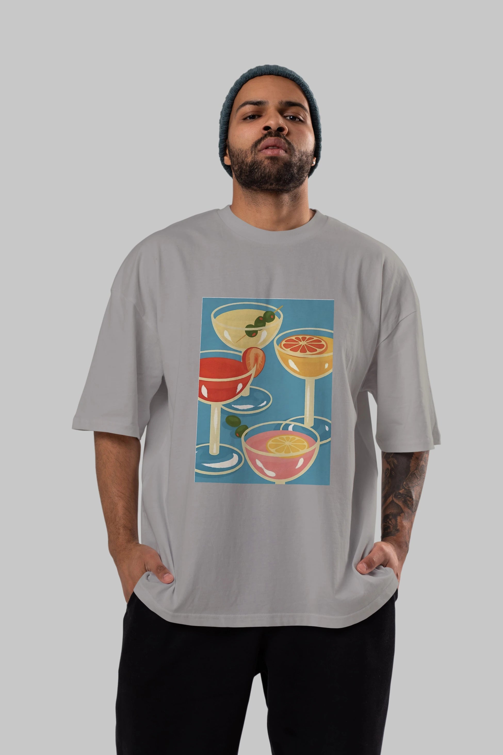 Cocktails Ön Baskılı Oversize t-shirt Erkek Kadın Unisex %100 Pamuk Bisiklet Yaka tişort