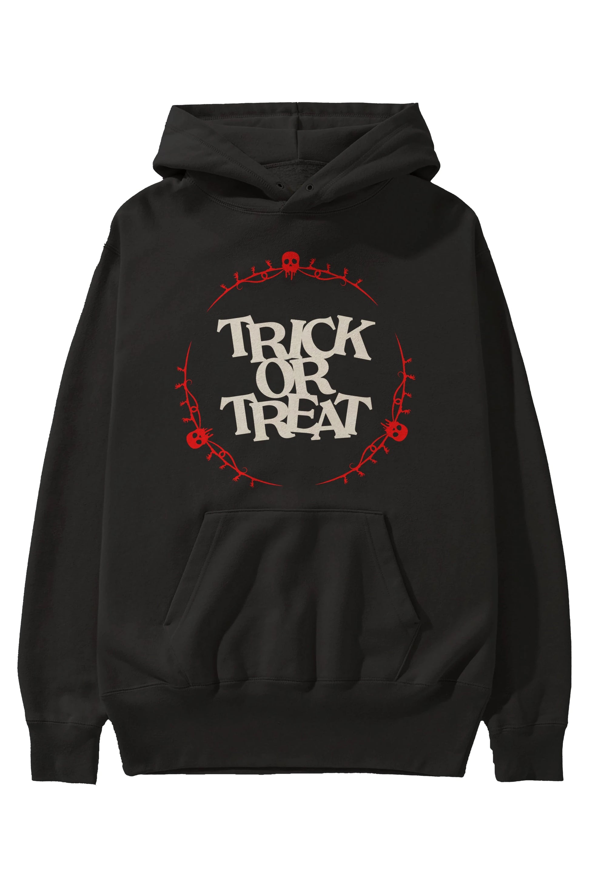 Trick or Treat Yazılı Ön Baskılı Oversize Hoodie Kapüşonlu Sweatshirt Erkek Kadın Unisex