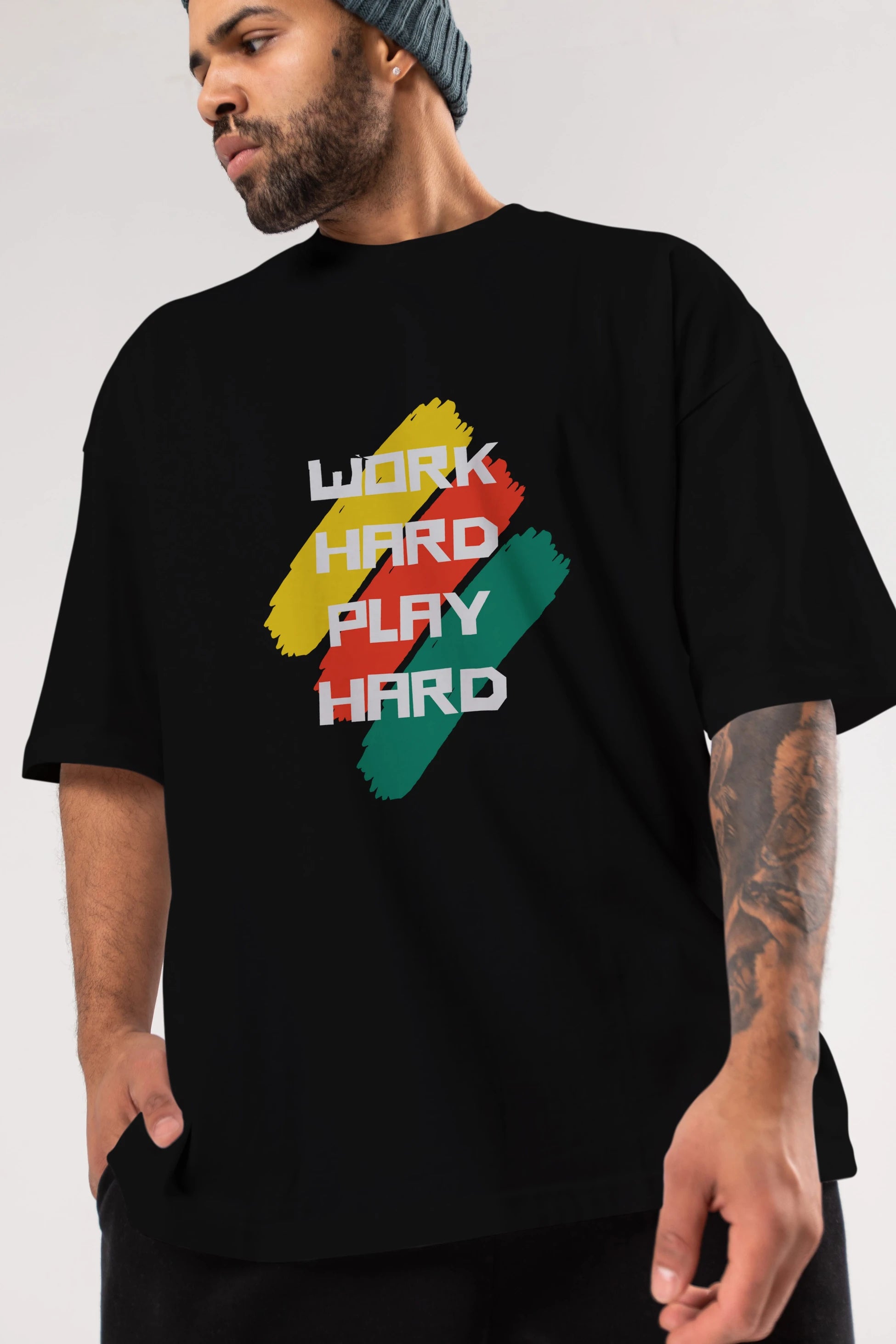 Work Hard Play Hard 2 Ön Baskılı Oversize t-shirt Erkek Kadın Unisex