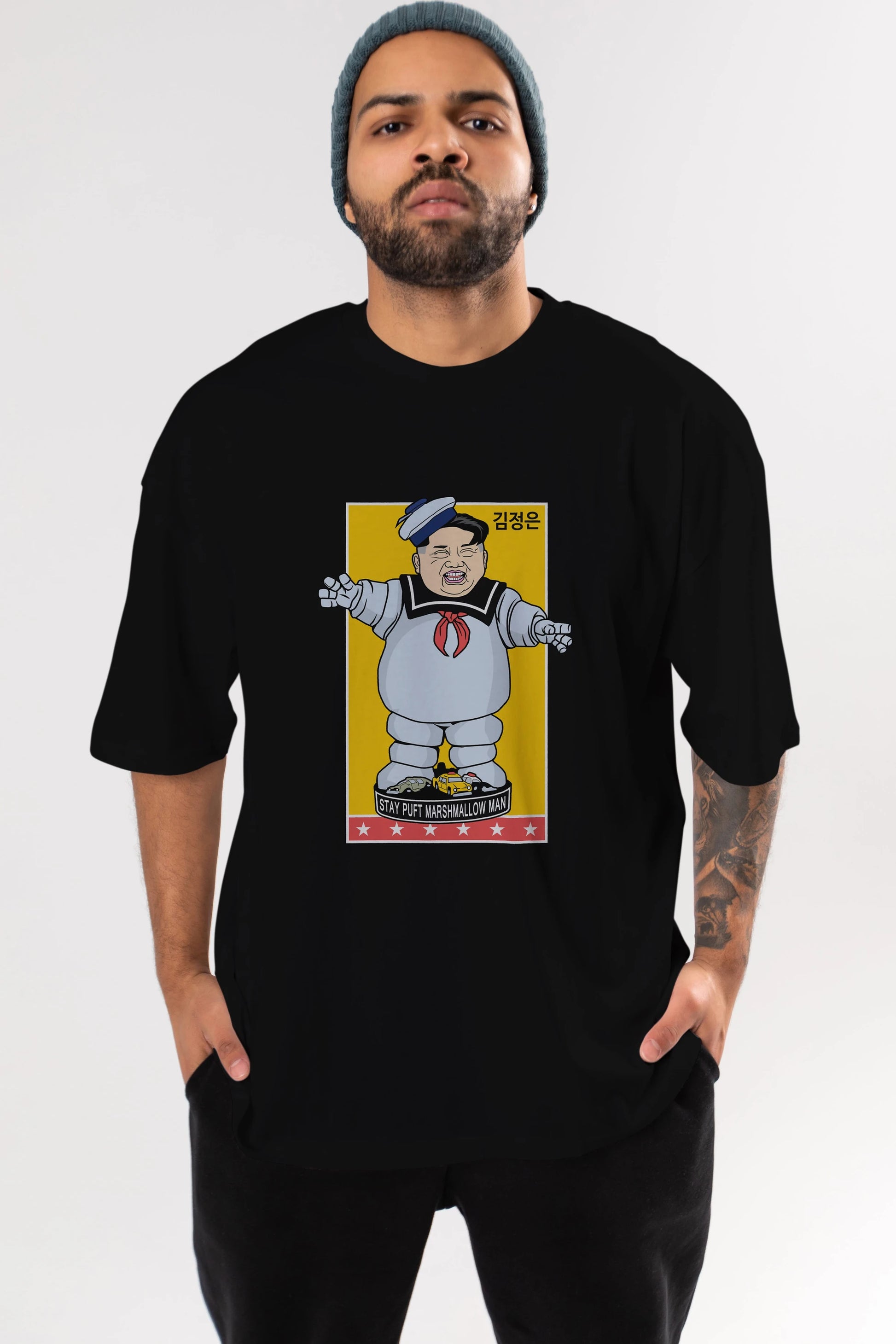 Stay Puft Jong Un Ön Baskılı Oversize t-shirt Erkek Kadın Unisex %100 Pamuk tişort