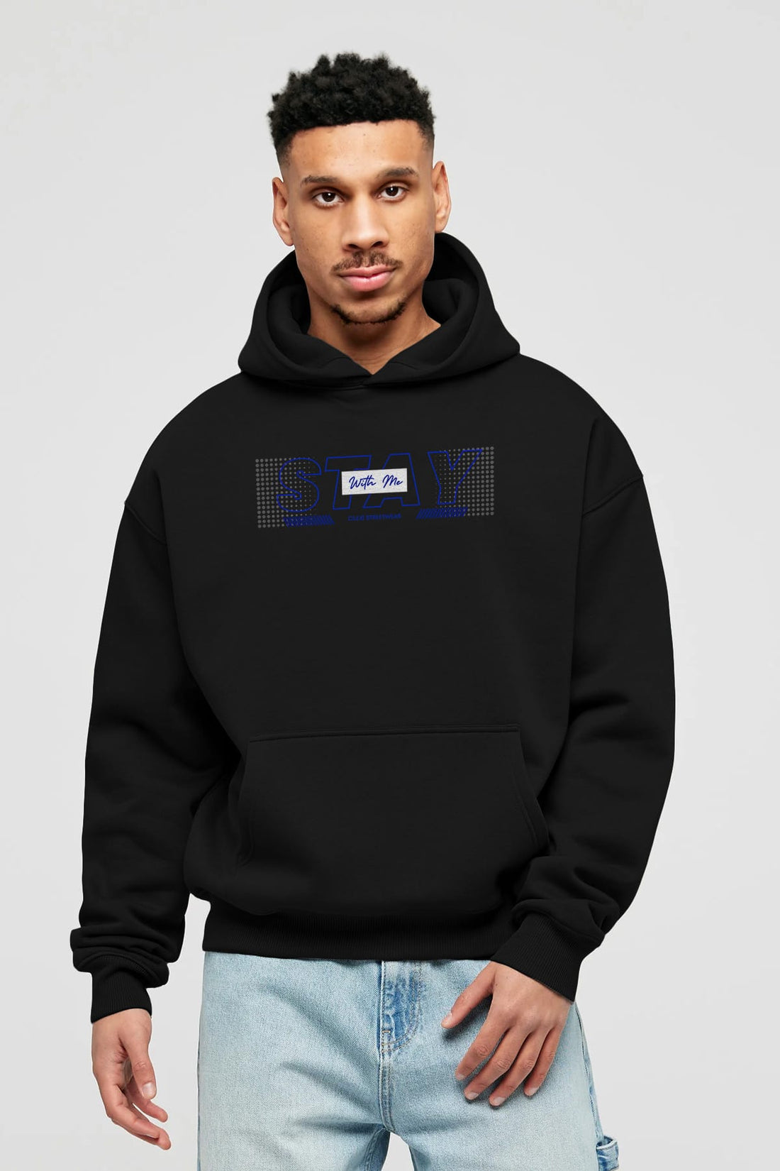 Stay with Me Yazılı Ön Baskılı Oversize Hoodie Kapüşonlu Sweatshirt Erkek Kadın Unisex
