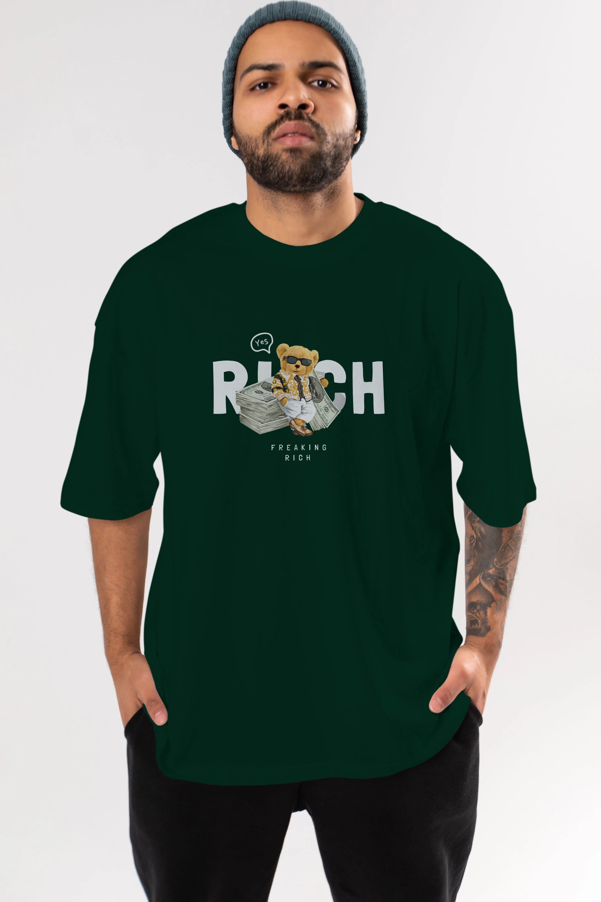 Teddy Bear Freakıng Rich Ön Baskılı Oversize t-shirt Erkek Kadın Unisex %100 Pamuk