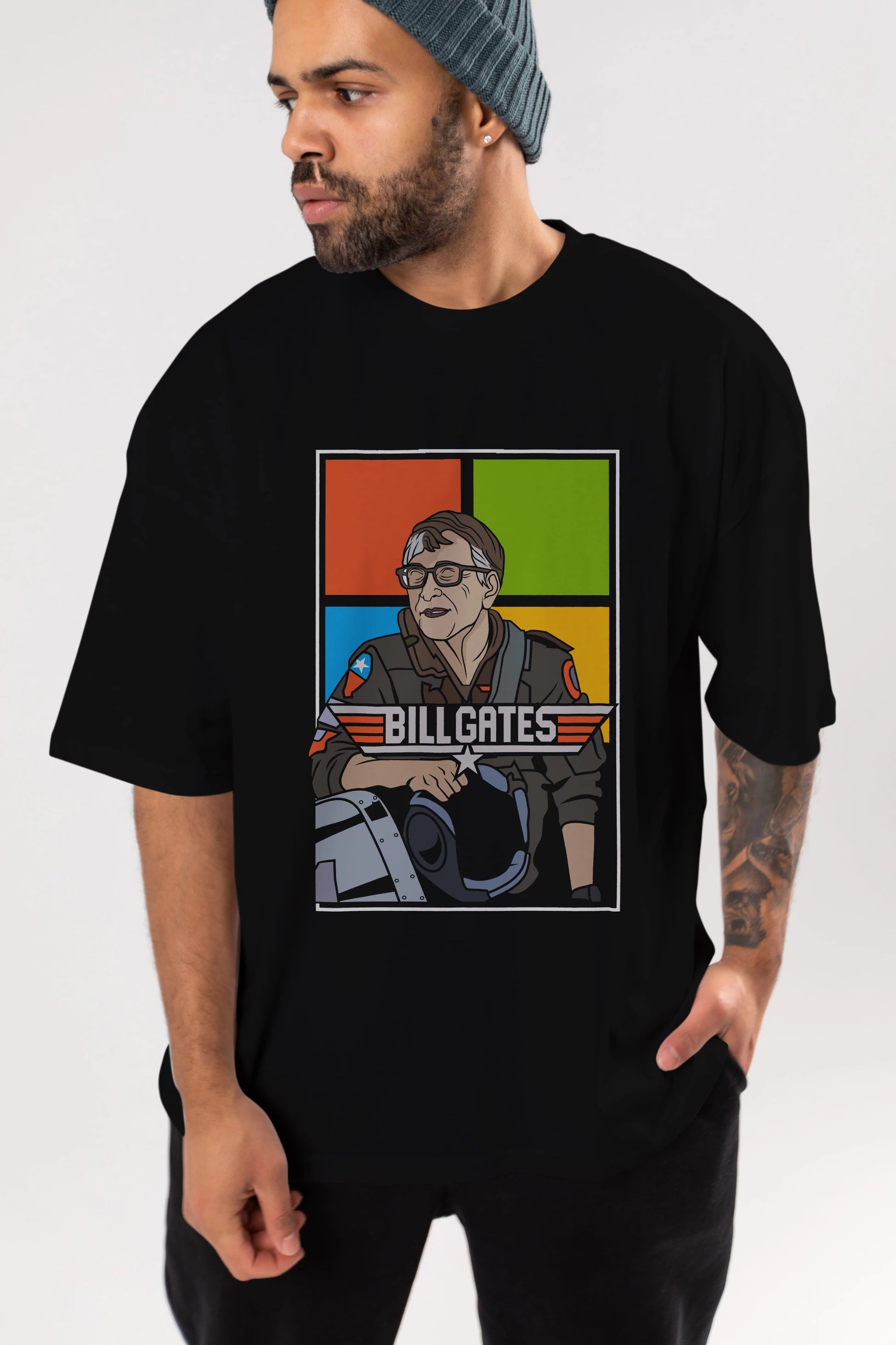 Bill Gates Top Gun Ön Baskılı Oversize t-shirt Erkek Kadın Unisex %100 Pamuk tişort