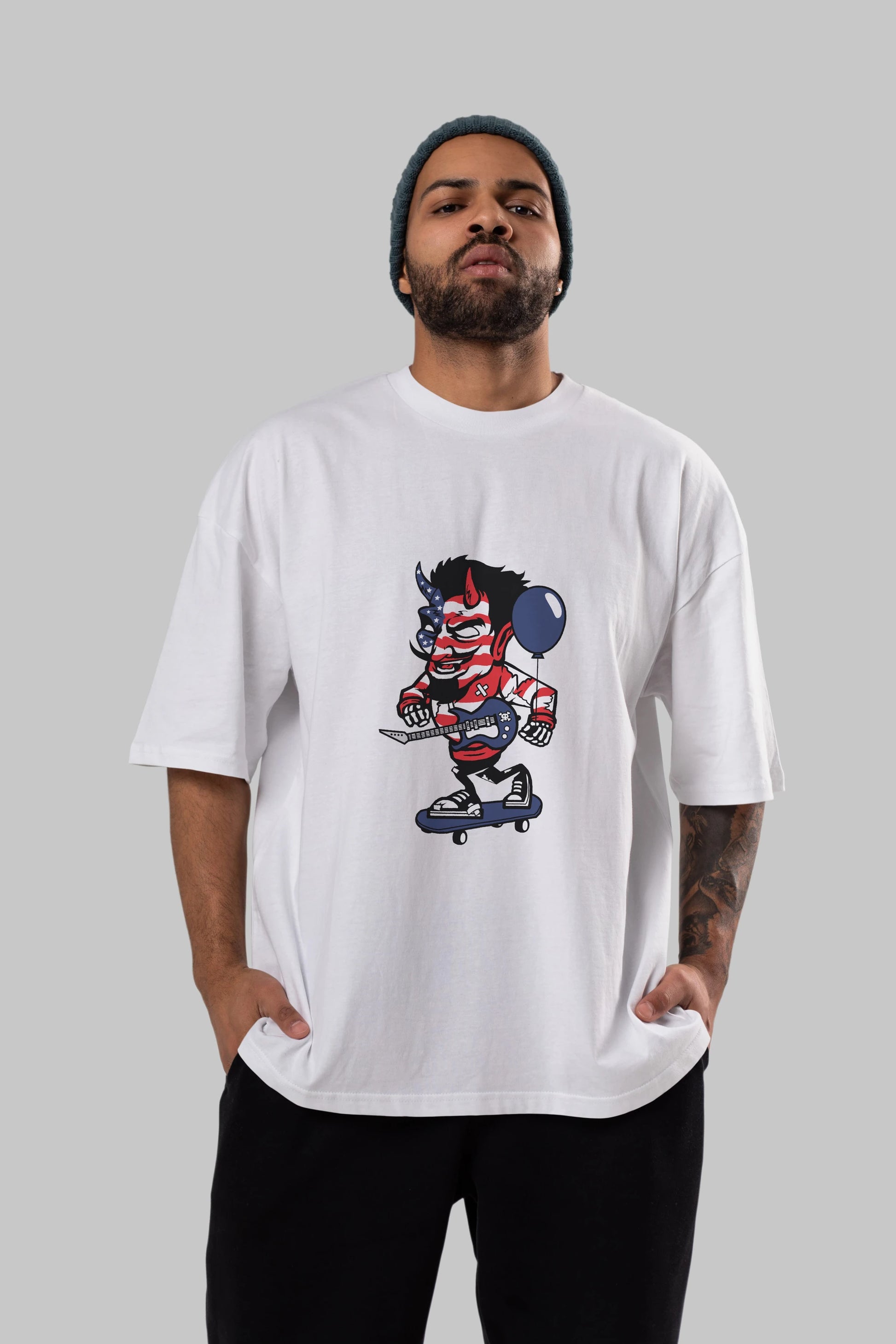 American Devil Skater Ön Baskılı Oversize t-shirt Erkek Kadın Unisex %100 Pamuk tişort