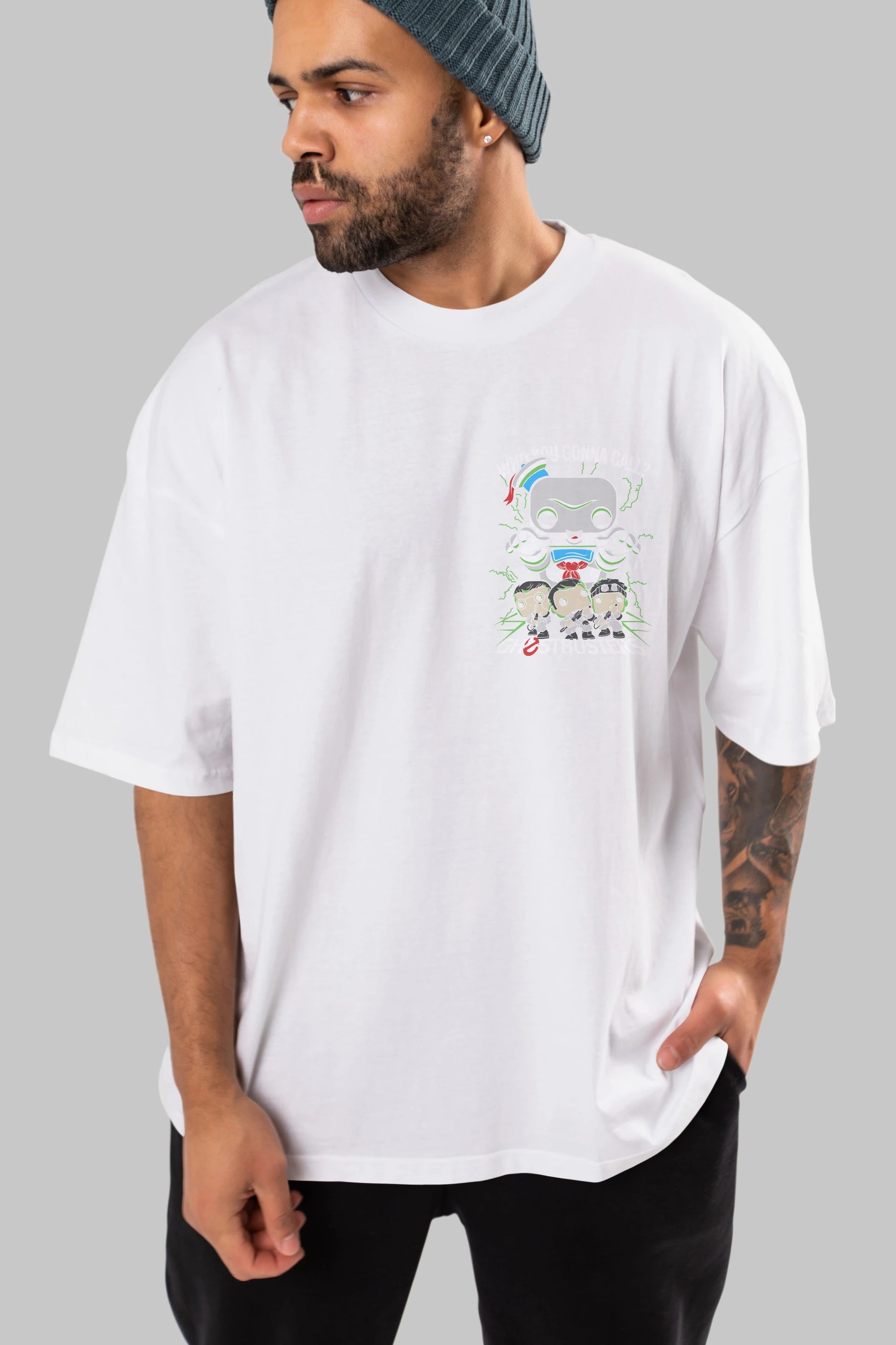 Ghostbusters Ön Sol Baskılı Oversize t-shirt Erkek Kadın Unisex %100 Pamuk Bisiklet Yaka tişort