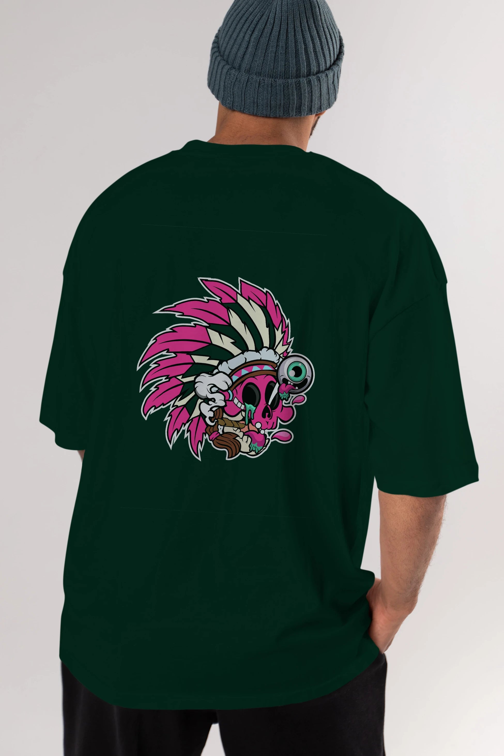 Skull Indian Arka Baskılı Oversize t-shirt Erkek Kadın Unisex %100 Pamuk tişort