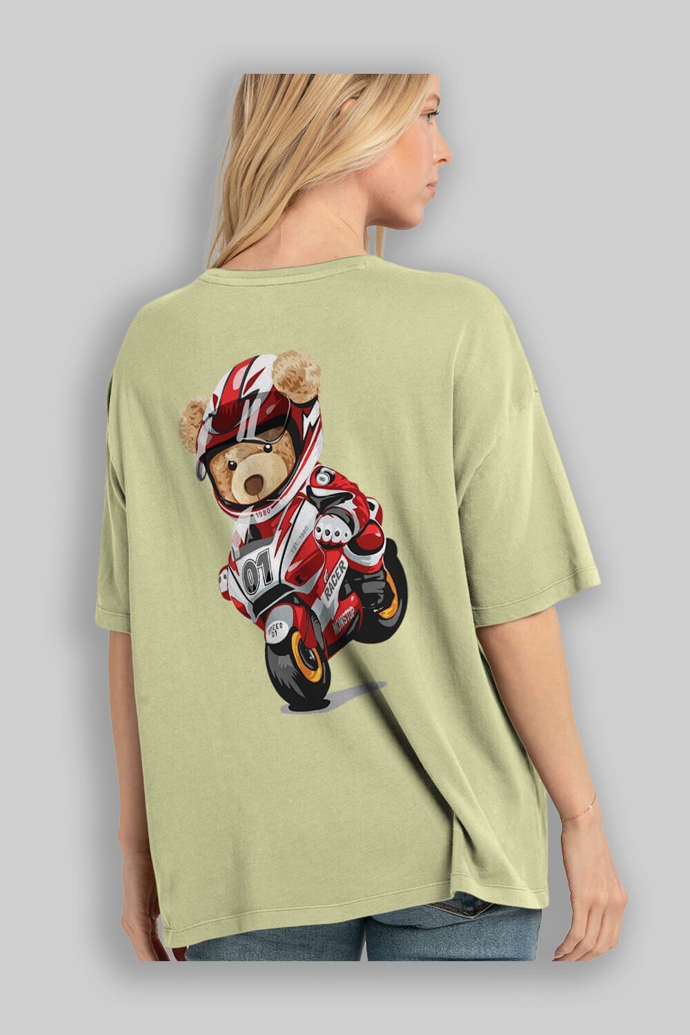Teddy Bear Racer Arka Baskılı Oversize t-shirt Erkek Kadın Unisex %100 Pamuk