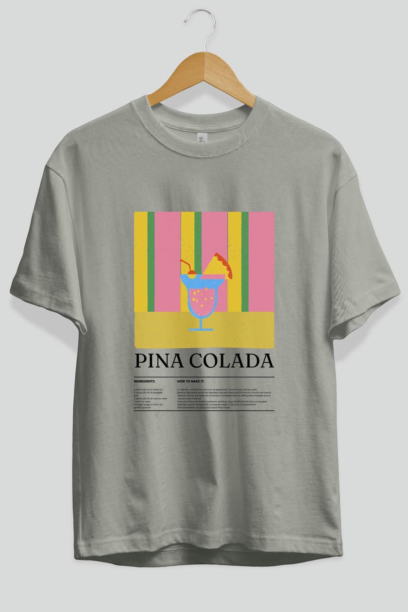 Pina Colada Kokteyl Ön Baskılı Oversize t-shirt Erkek Kadın %100 Pamuk Bisiklet Yaka tişort