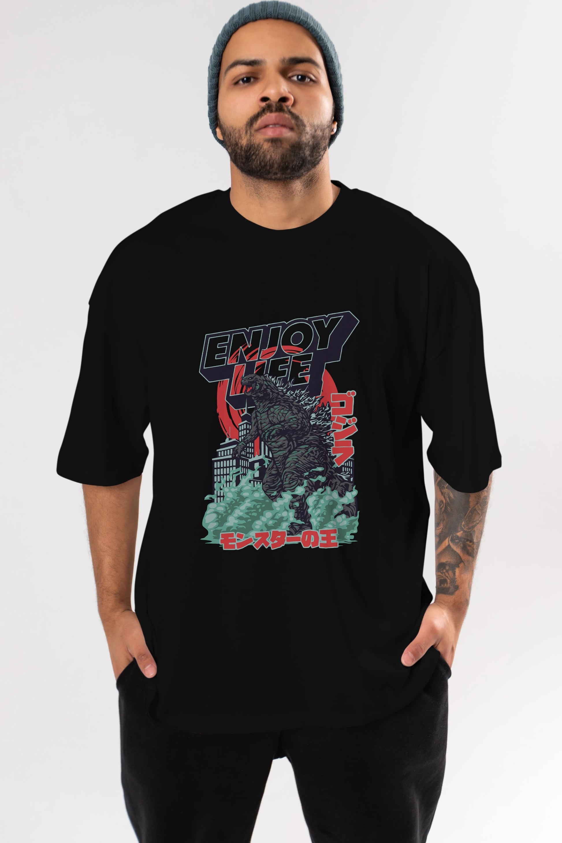 Godzilla Ön Baskılı Oversize t-shirt Erkek Kadın Unisex %100 Pamuk Bisiklet Yaka tişort
