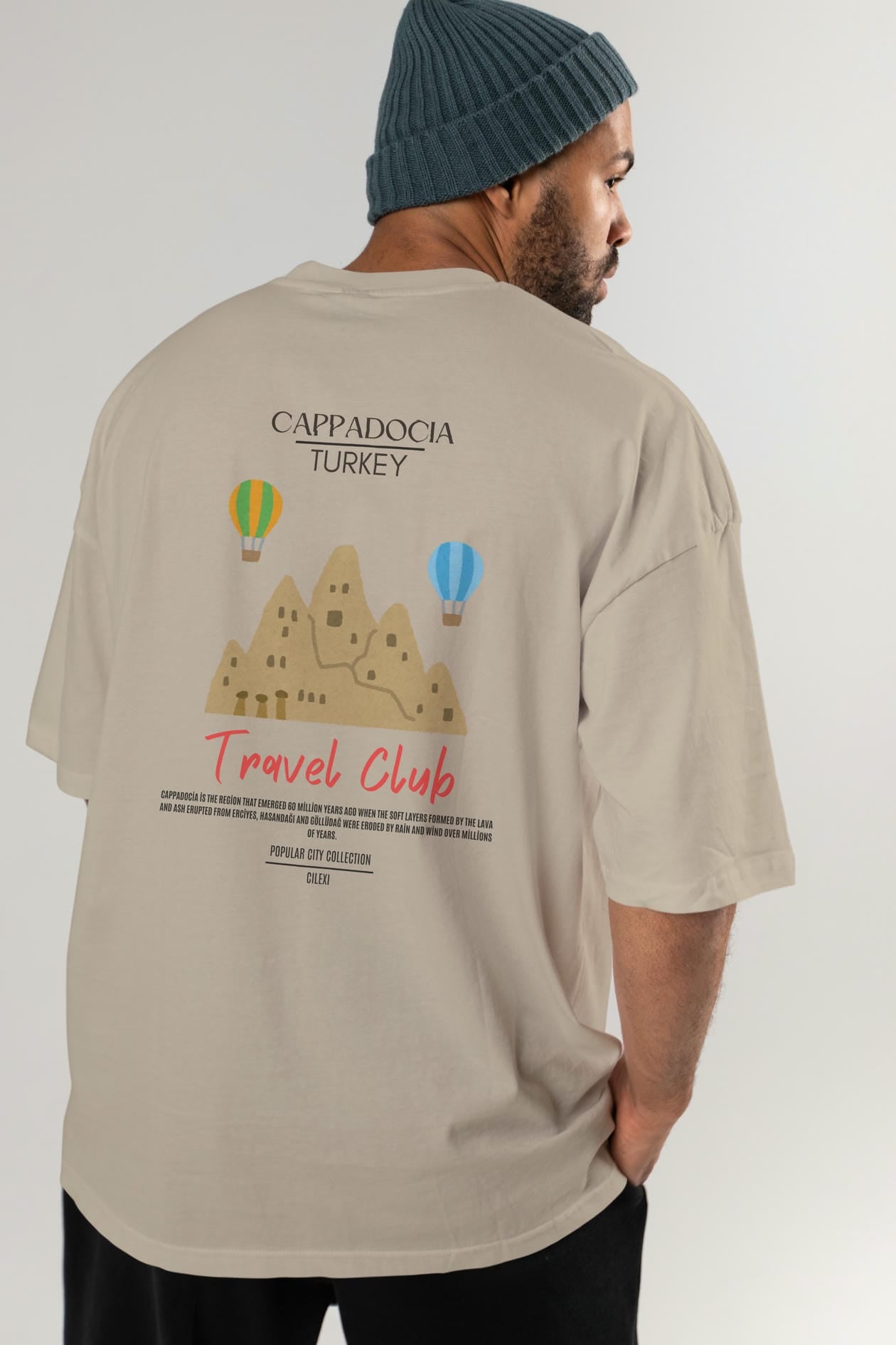 Cappadocia Turkey Arka Baskılı Oversize t-shirt Erkek Kadın Pamuk Bisiklet Yaka tişort