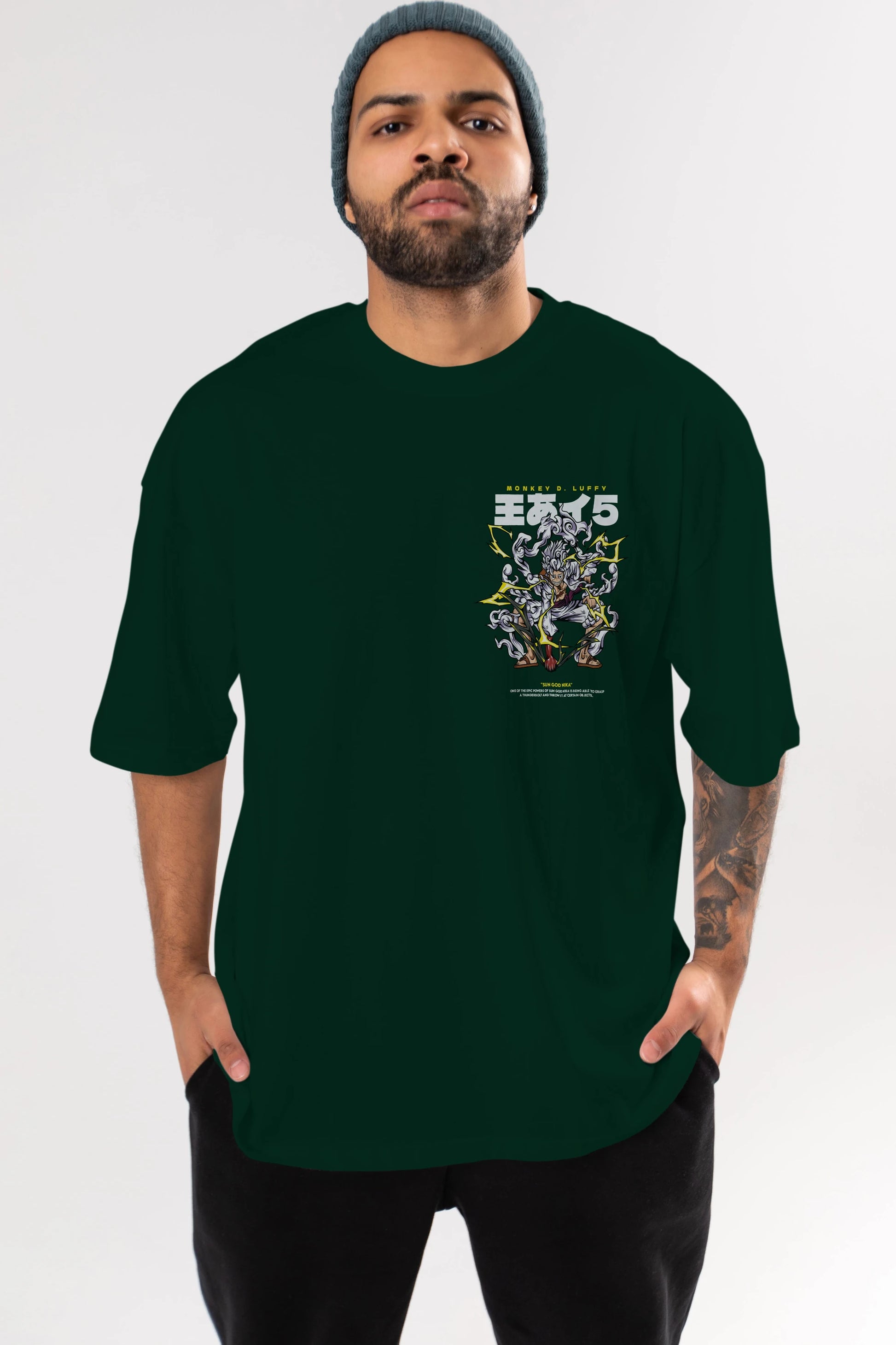 Monkey D. Luffy Ön Sol Baskılı Oversize t-shirt Erkek Kadın Unisex %100 Pamuk Bisiklet Yaka tişort