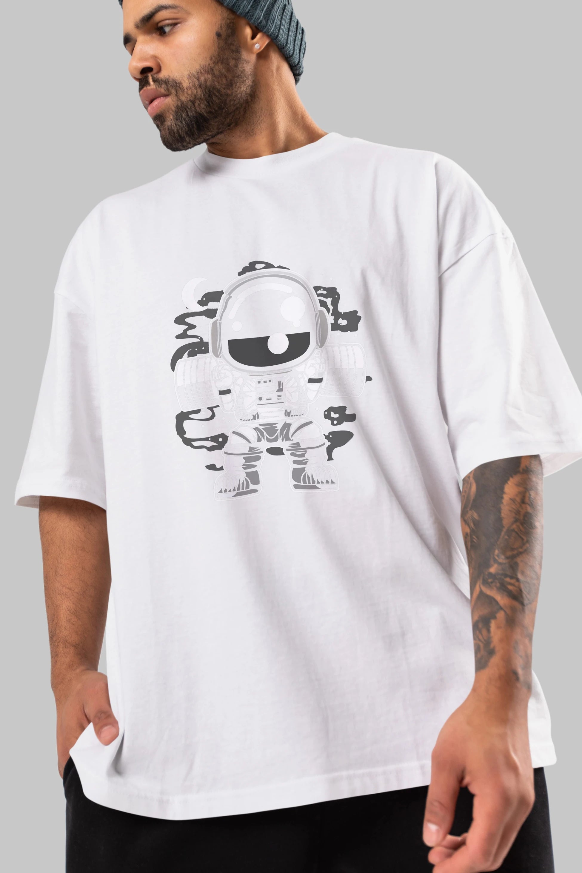 Astronaut Barbell Body Builder Ön Baskılı Oversize t-shirt Erkek Kadın Unisex