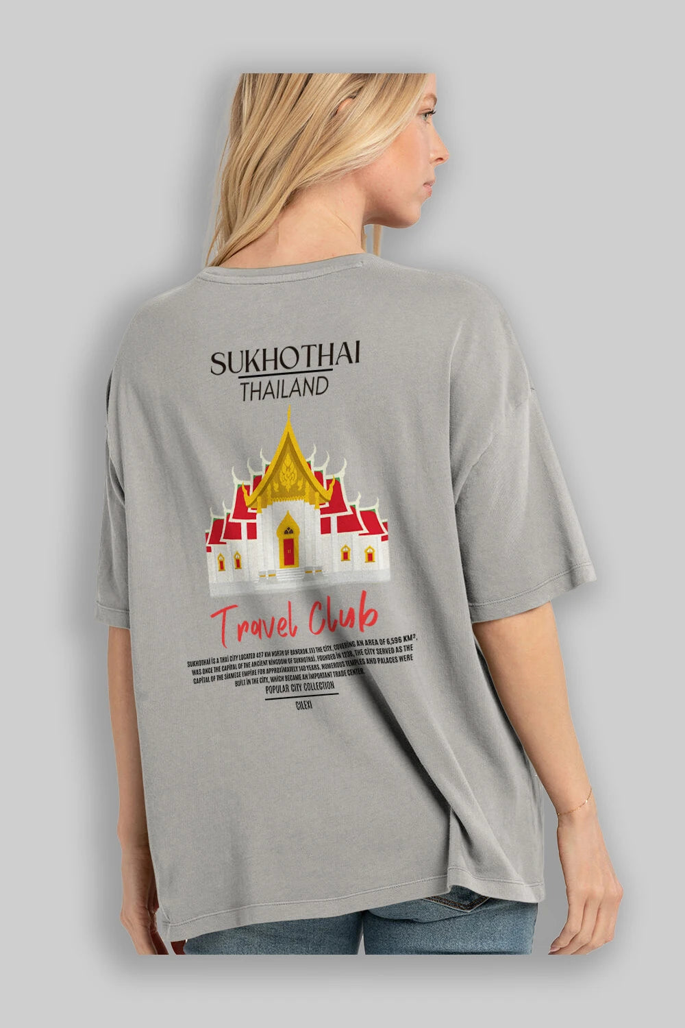 Sukhothai Thailand Arka Baskılı Oversize t-shirt Erkek Kadın Pamuk Bisiklet Yaka tişort