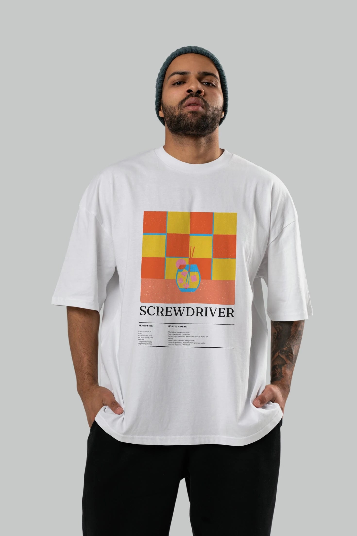 Screwdriver Kokteyl Ön Baskılı Oversize t-shirt Erkek Kadın %100 Pamuk Bisiklet Yaka tişort