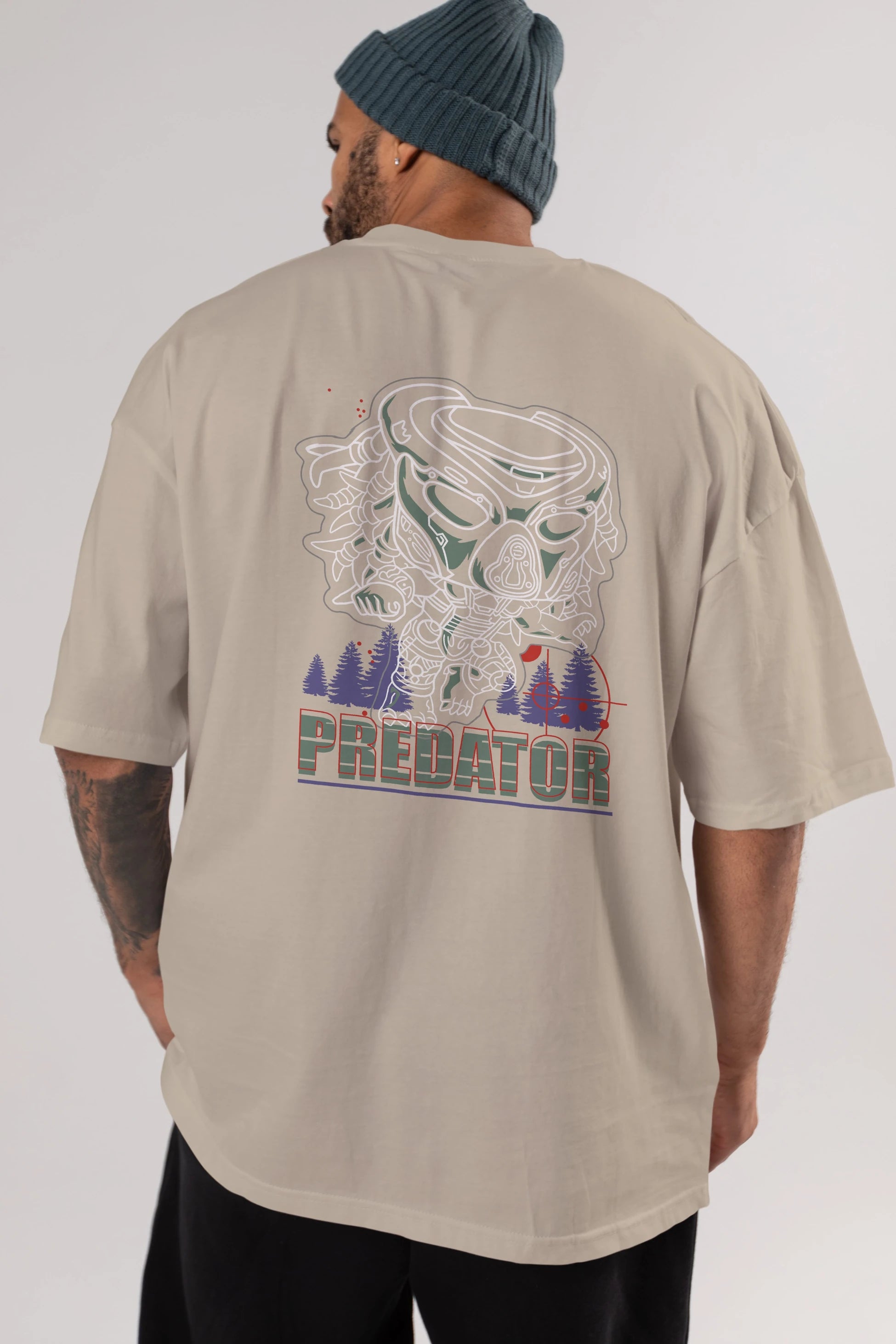 Predator Arka Baskılı Oversize t-shirt Erkek Kadın Unisex %100 Pamuk Bisiklet Yaka tişort