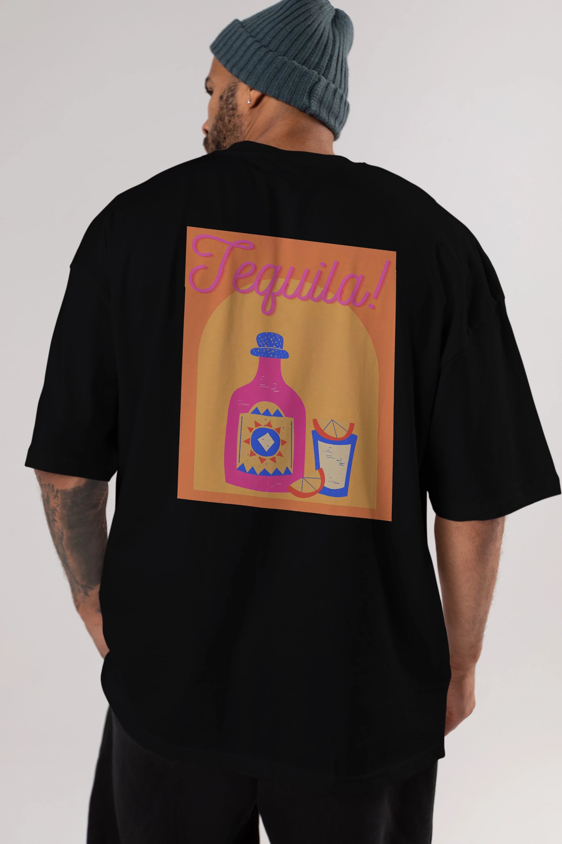 Tequila Arka Baskılı Oversize t-shirt Erkek Kadın Unisex %100 Pamuk Bisiklet Yaka tişort