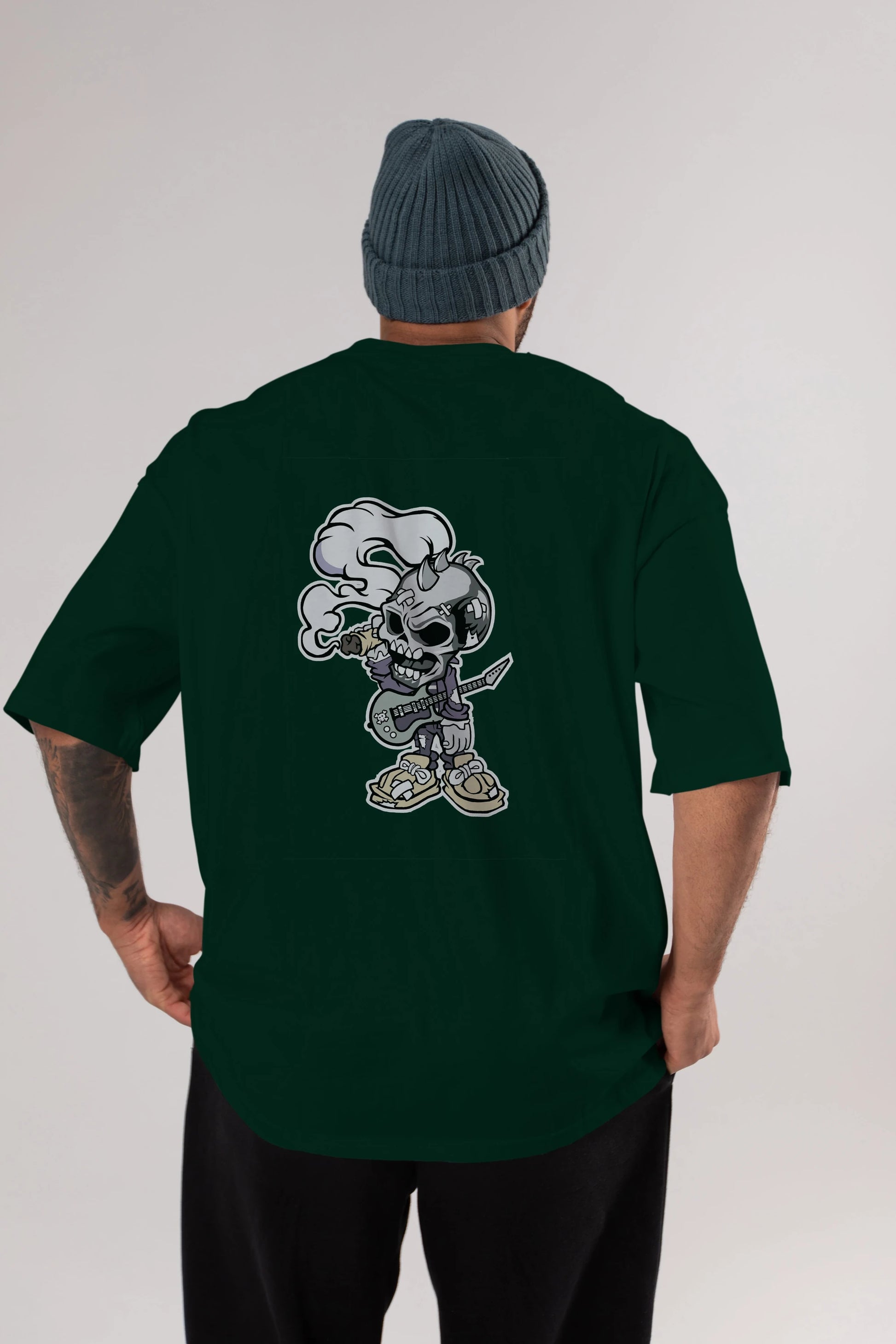 Skull Smoker Punk Rocker Arka Baskılı Oversize t-shirt Erkek Kadın Unisex %100 Pamuk tişort