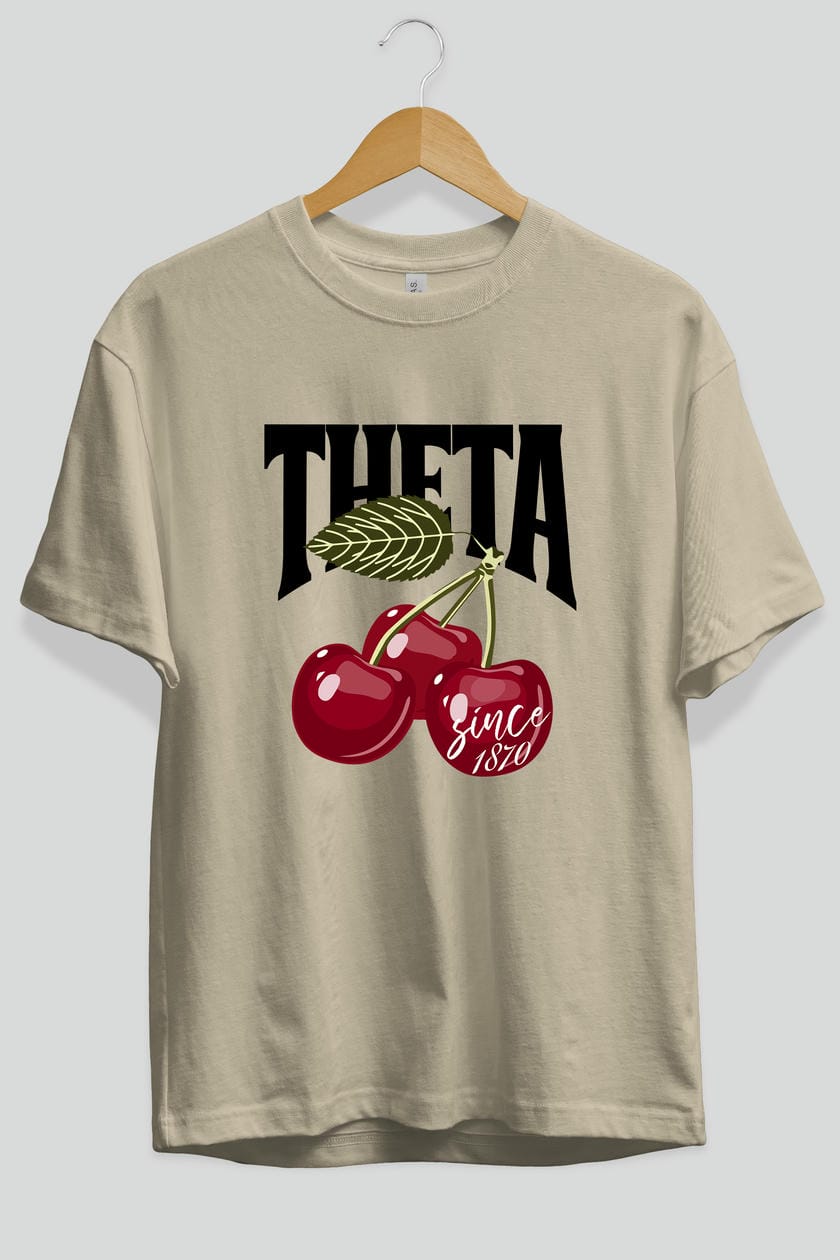 Theta Cherry Cherries Ön Baskılı Oversize t-shirt Erkek Kadın Pamuk Bisiklet Yaka tişort