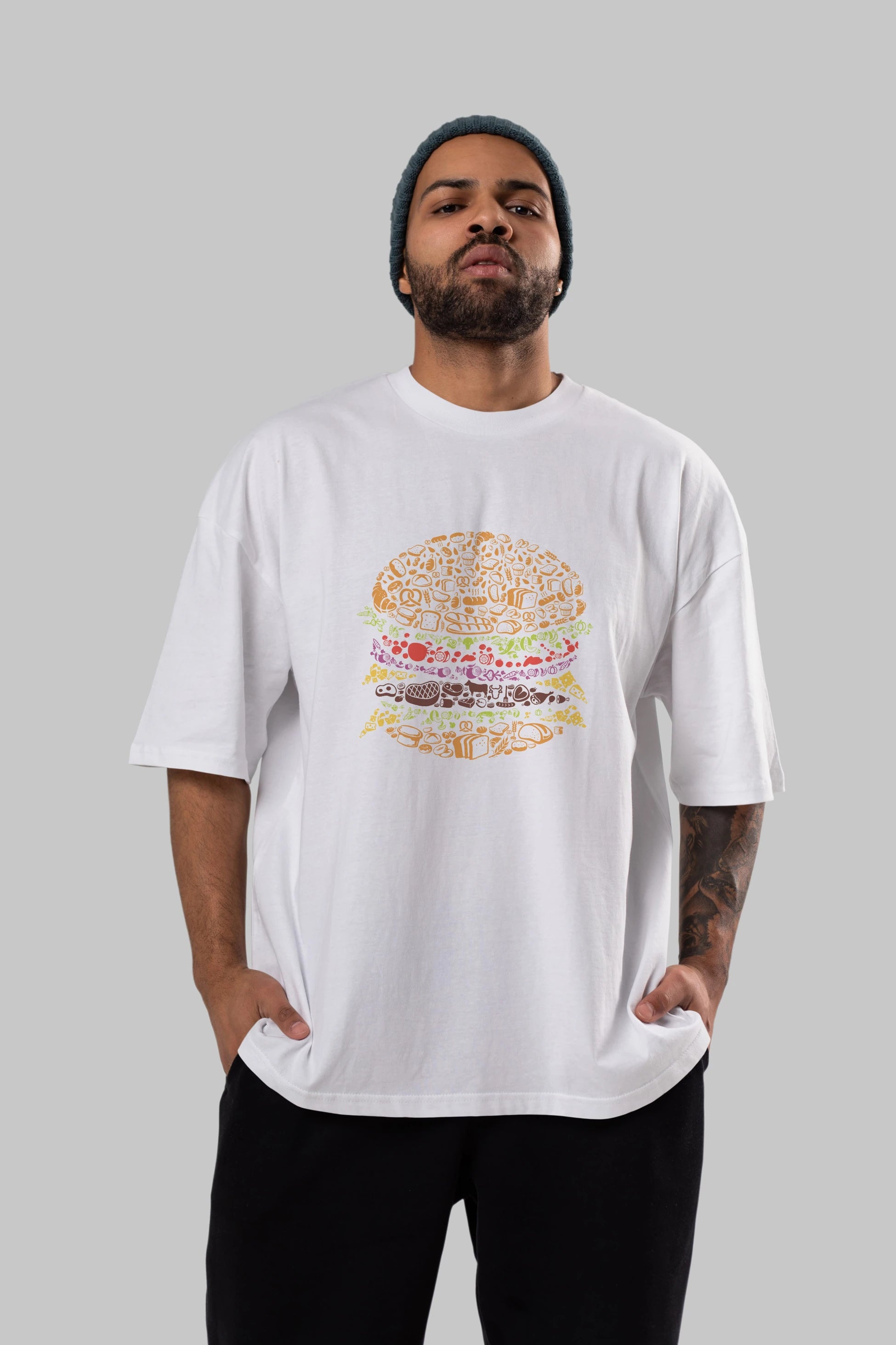 Burger Ön Baskılı Oversize t-shirt %100 pamuk Erkek Kadın Unisex